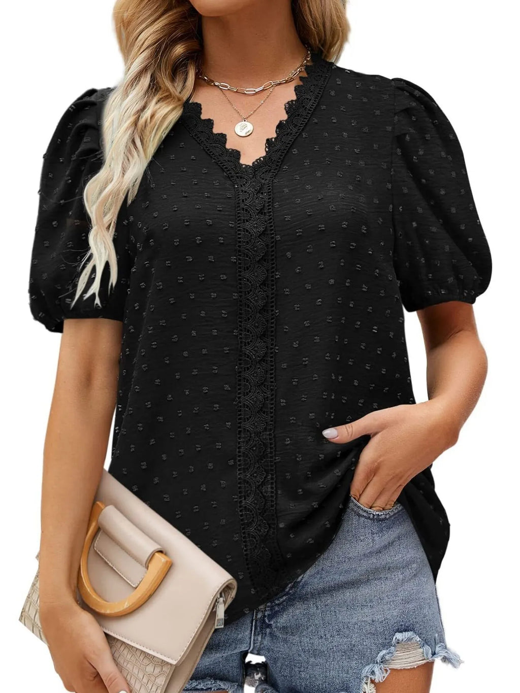 Puff Sleeve Swiss Dot Lace Trim Blouse