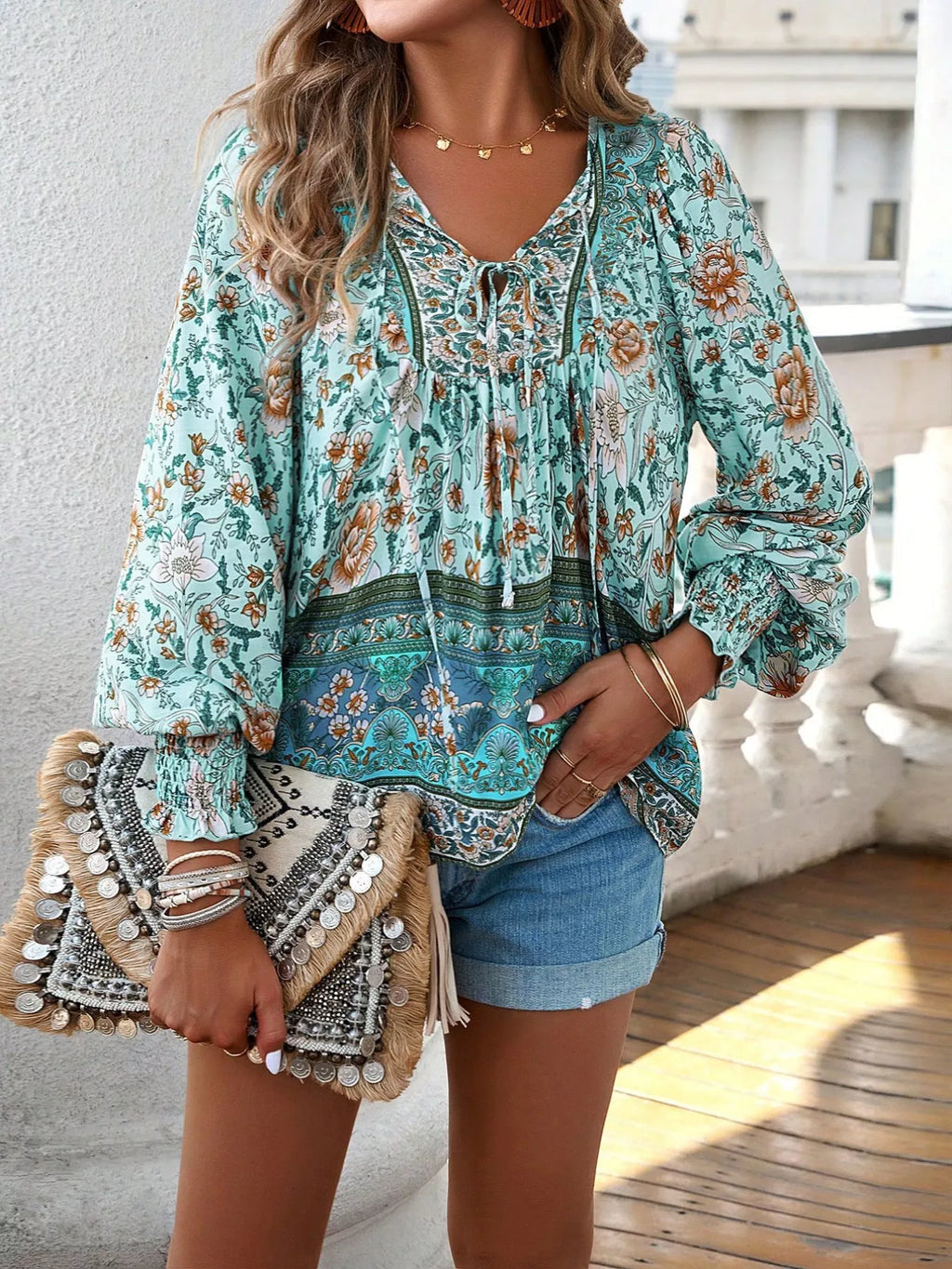 Floral Print Tie Neck Bohemian Blouse