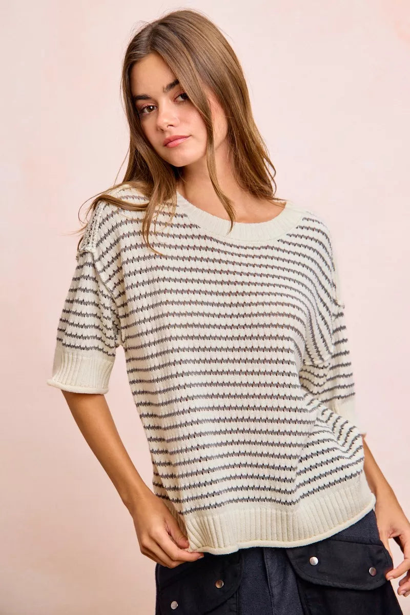 BiBi Stripes Short Sleeves Rib Banded Outseam Knit Top