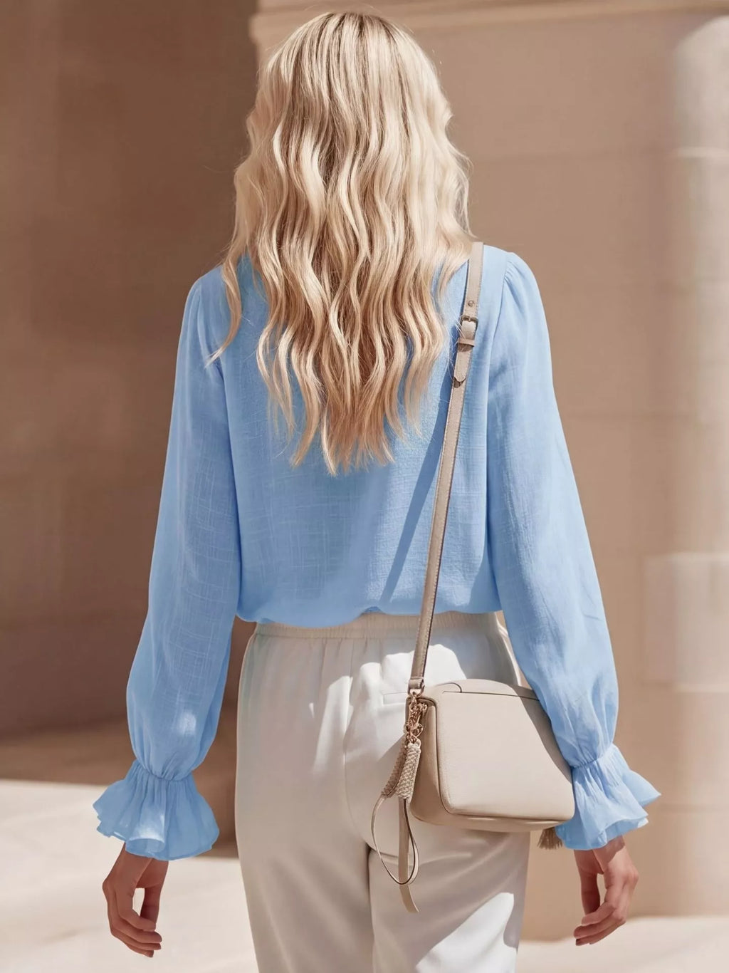 Ruffled V-Neck Long Sleeve Blouse