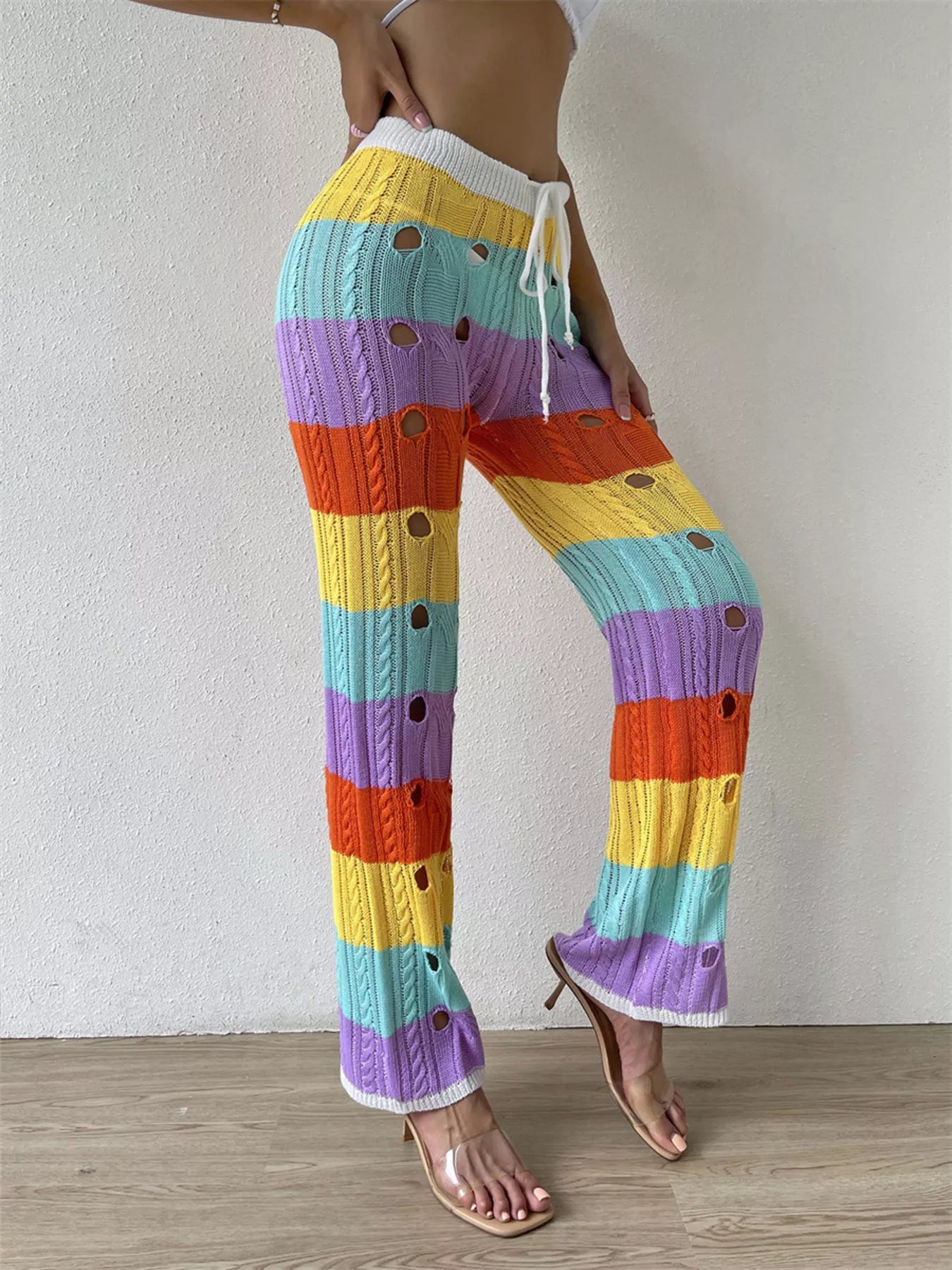Striped Crochet Hollow-Out Knit Pants