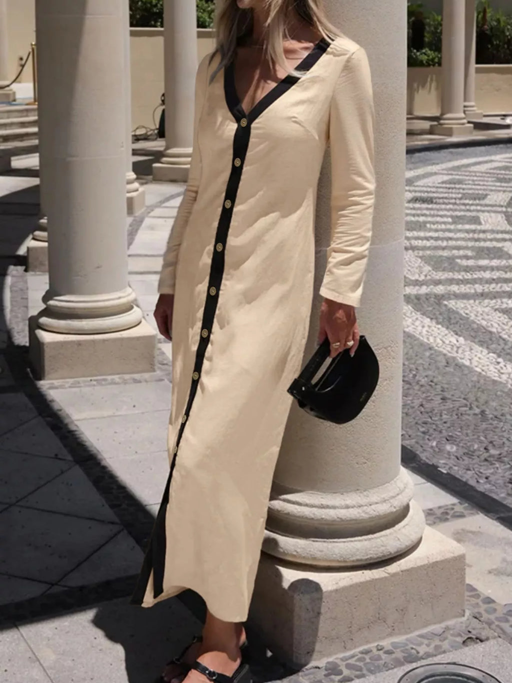 Contrast Trim Button-Down Midi Dress