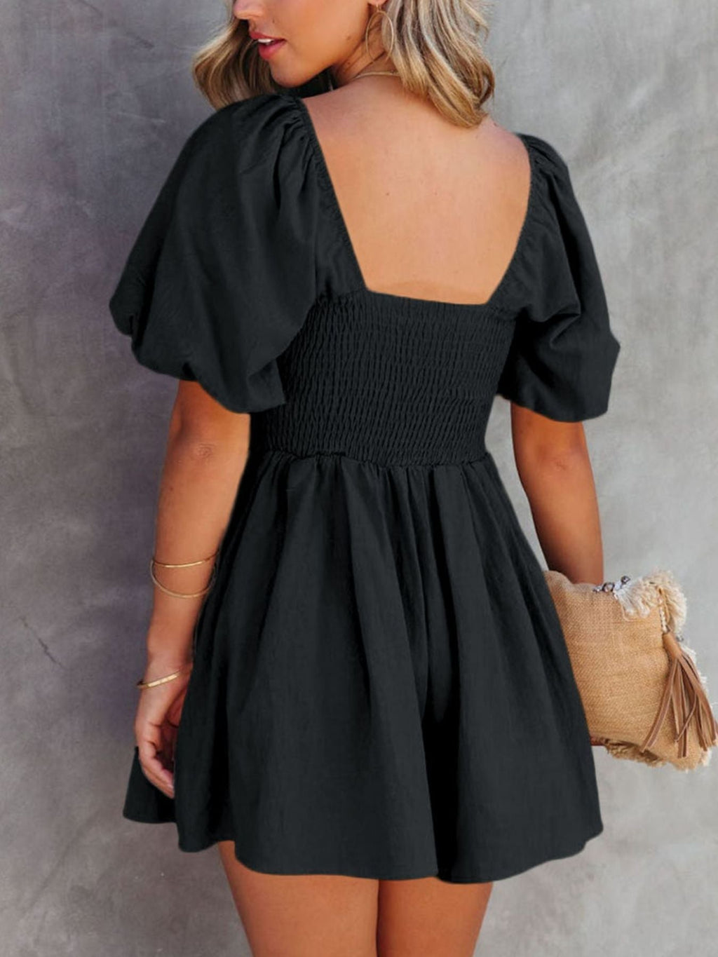 Square Neck Ruched Puff Sleeve Romper