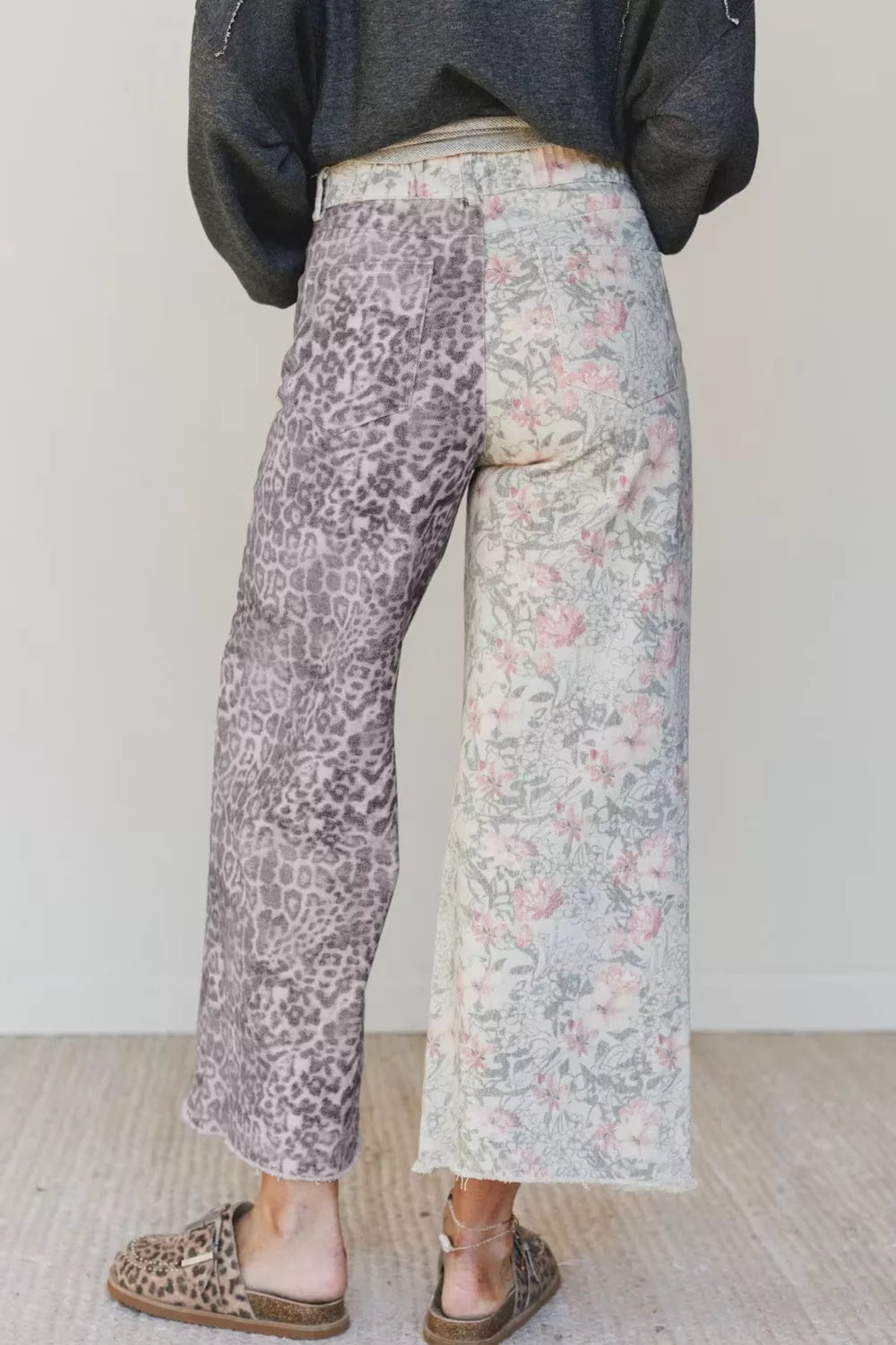 Floral and Leopard Print Wide-Leg Jeans