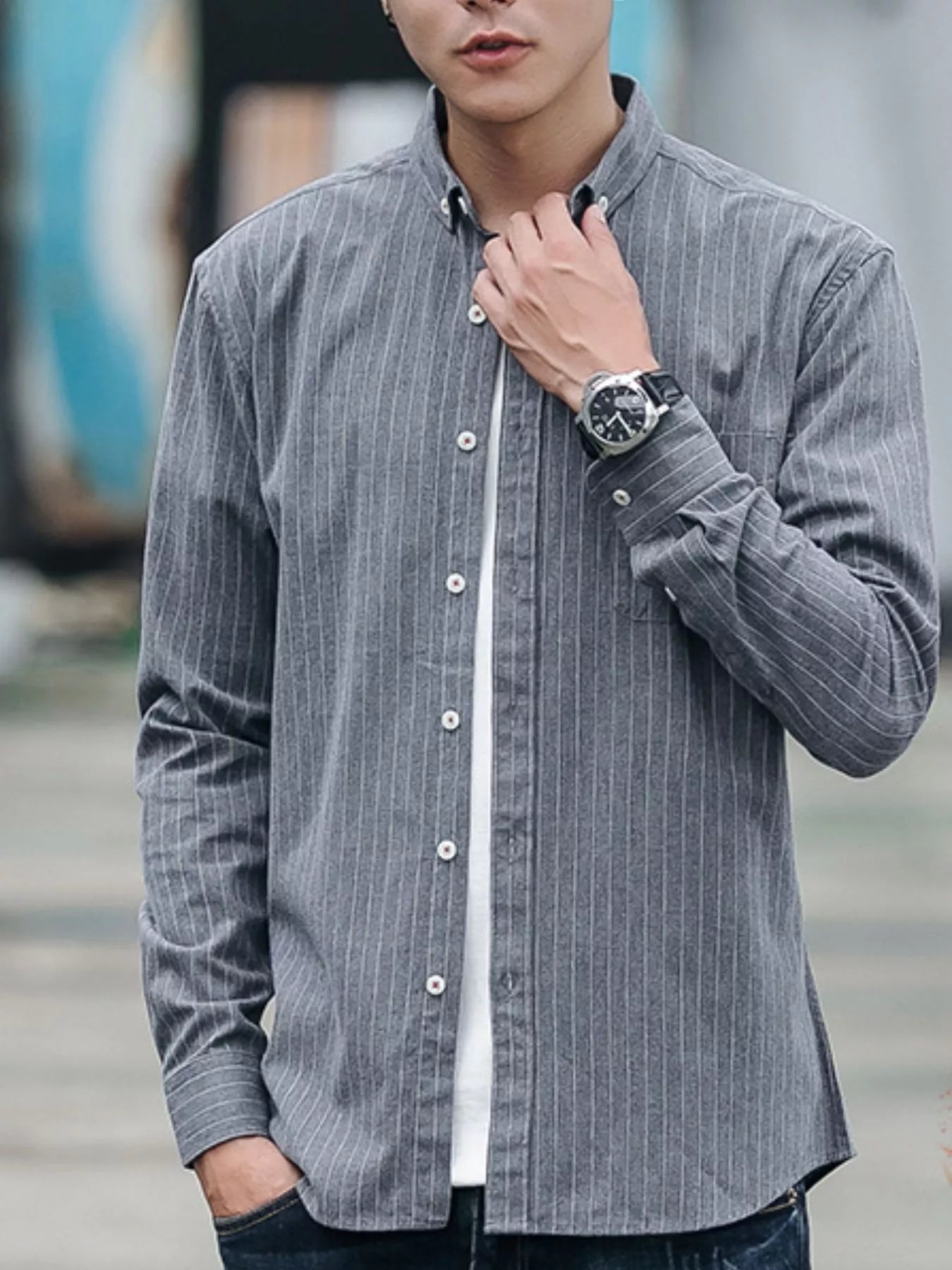 Men's Full Size Fleece Lined Striped Shirt Plus Size