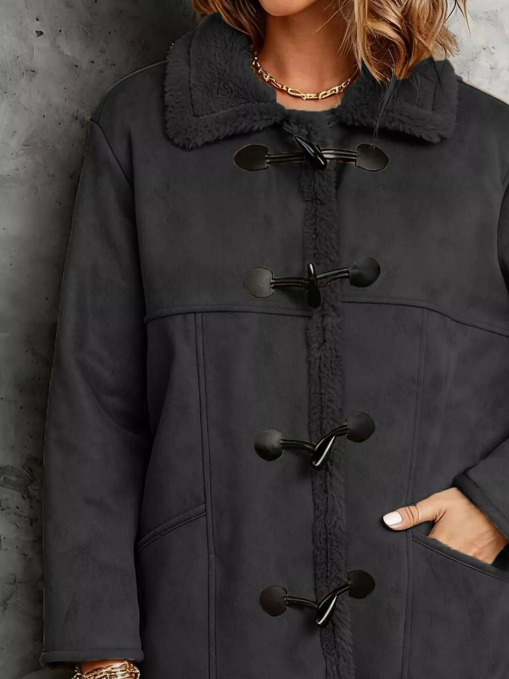 Faux Suede Sherpa Lined Toggle Coat