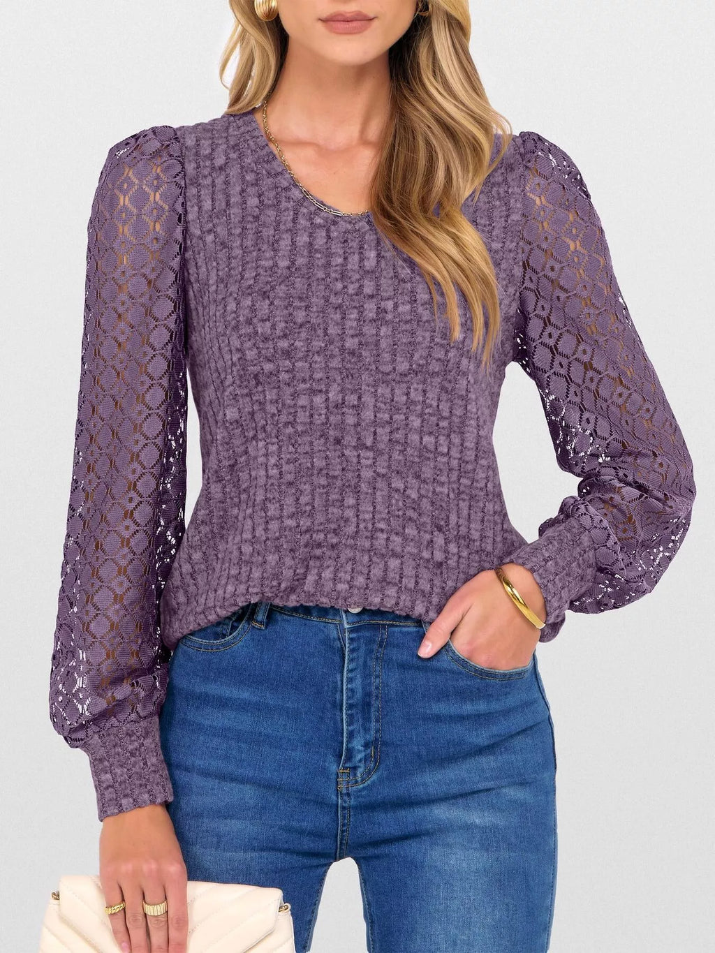 Lace Sleeve V-Neck T-Shirt