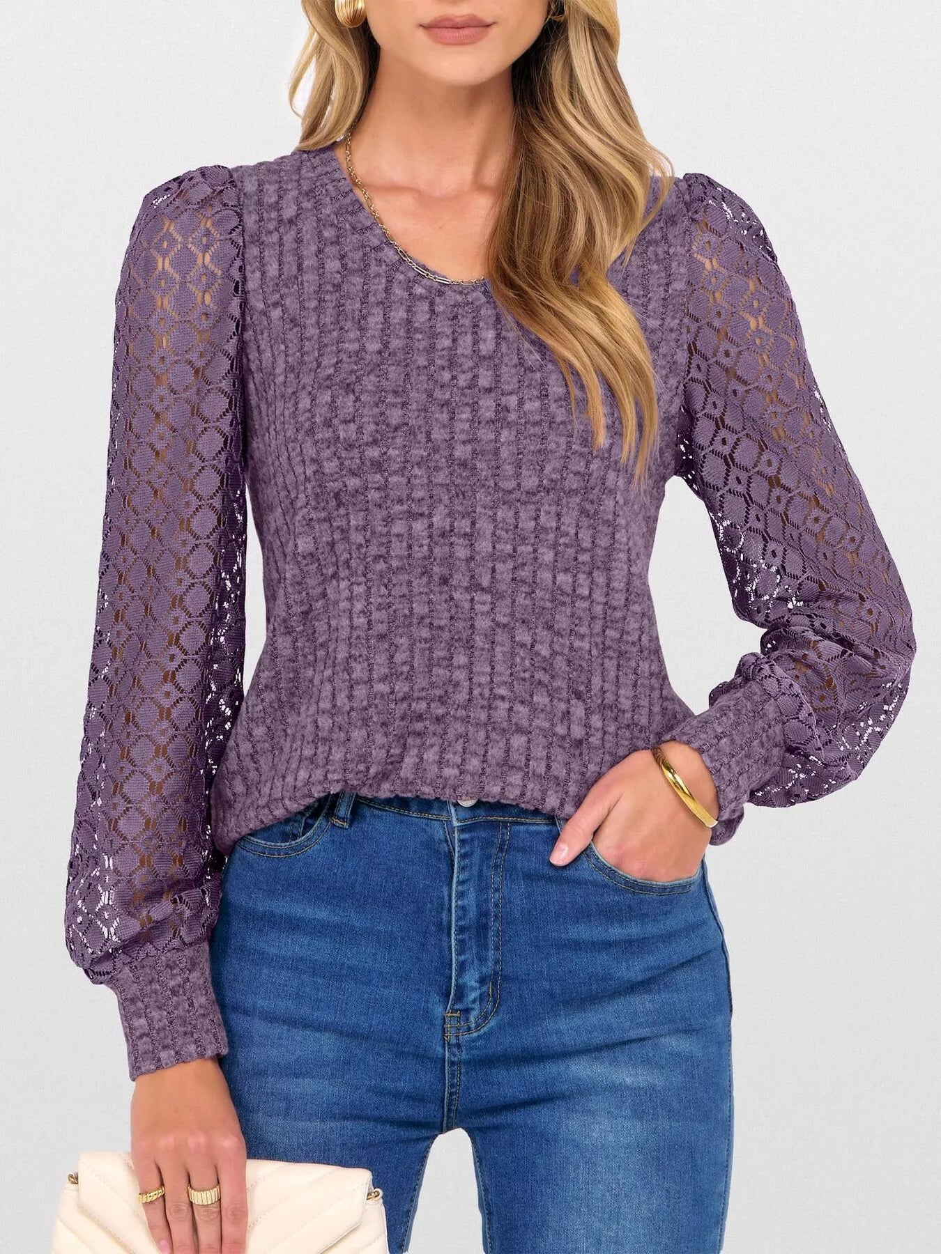Lace Sleeve V-Neck T-Shirt