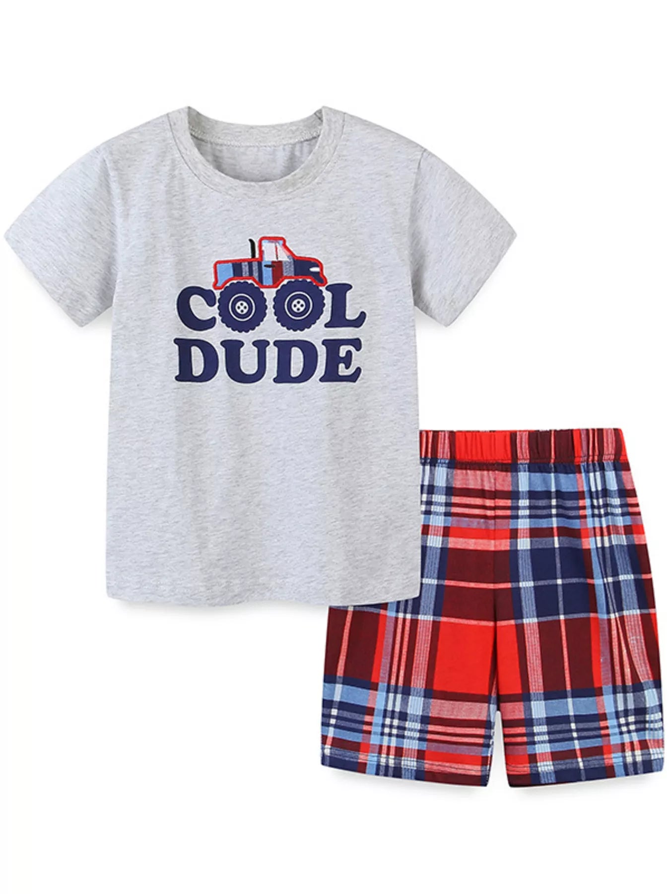 Children's Cool Dude Monster Truck Graphic Tee and Plaid Shorts Set