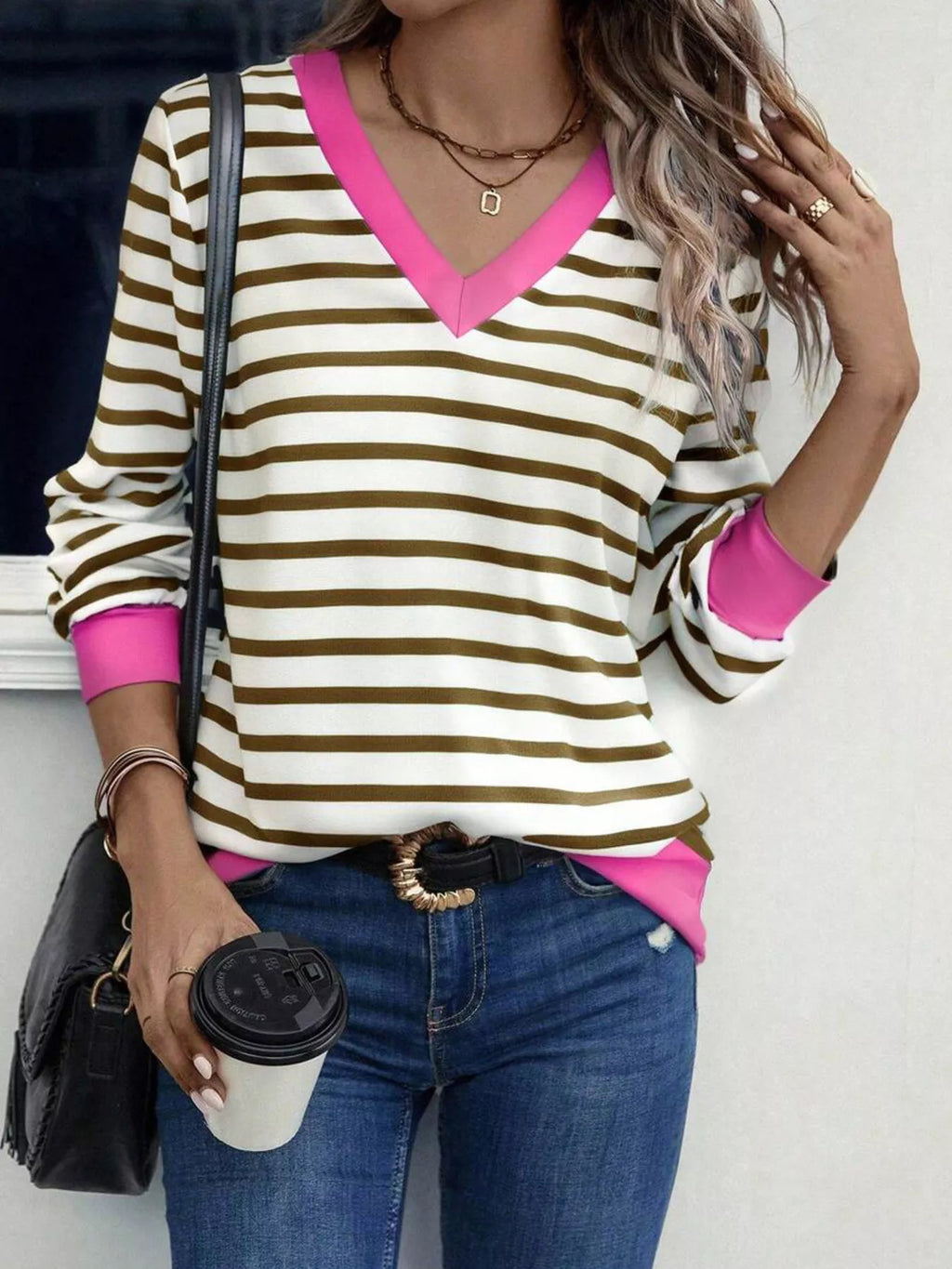 Striped V-Neck Long Sleeve T-Shirt