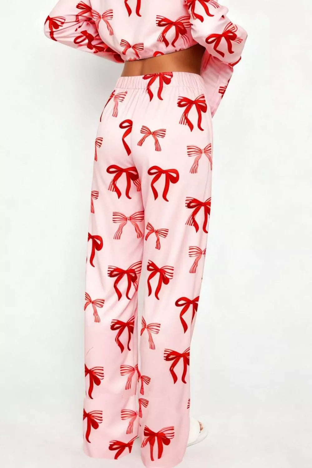 Bow Print Top and Wide Leg Pants Lounge Set