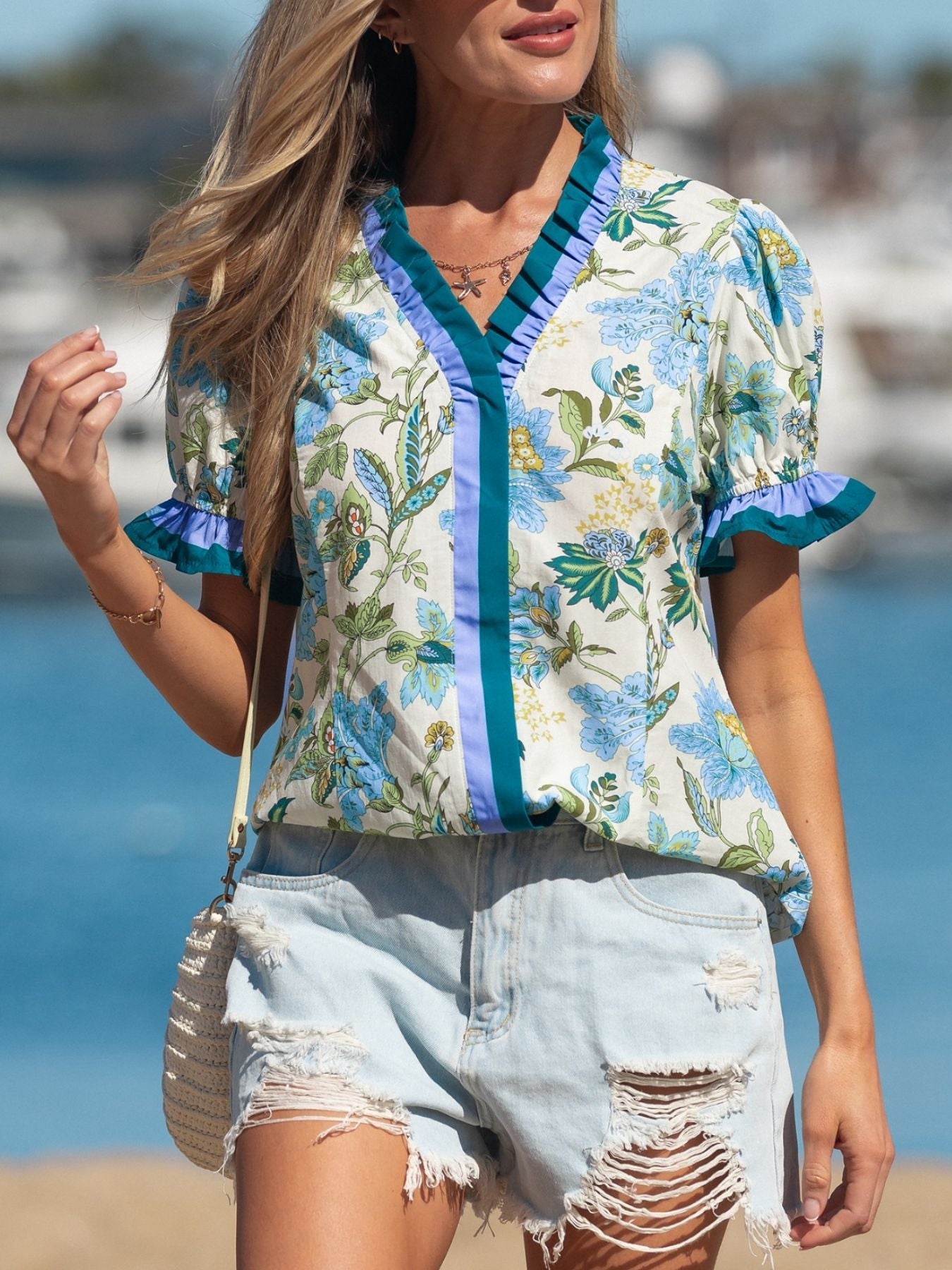 Floral Print Contrasted Frilled Striped Trim Short Sleeve Blouse