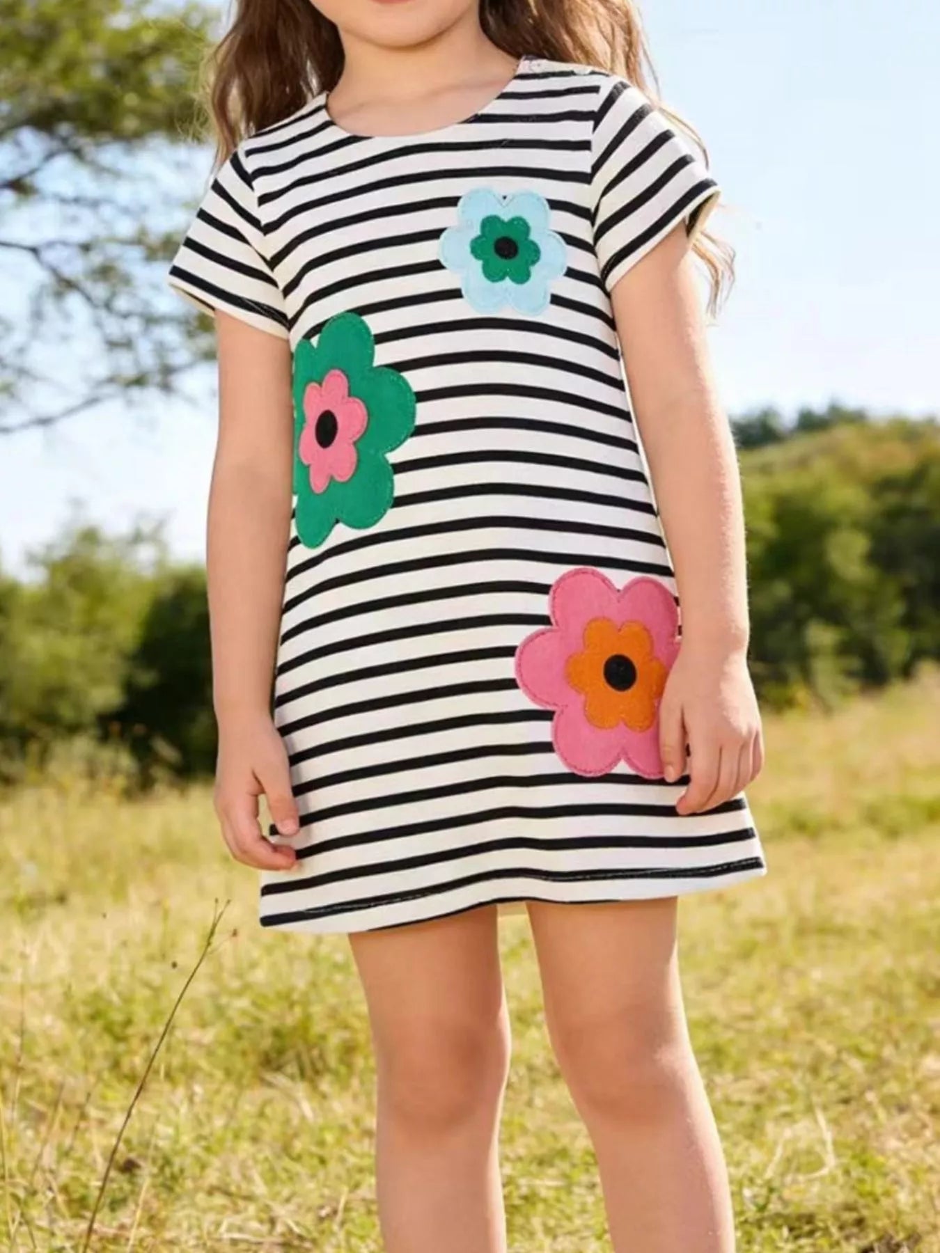 Children's Striped Floral Applique Casual Dress