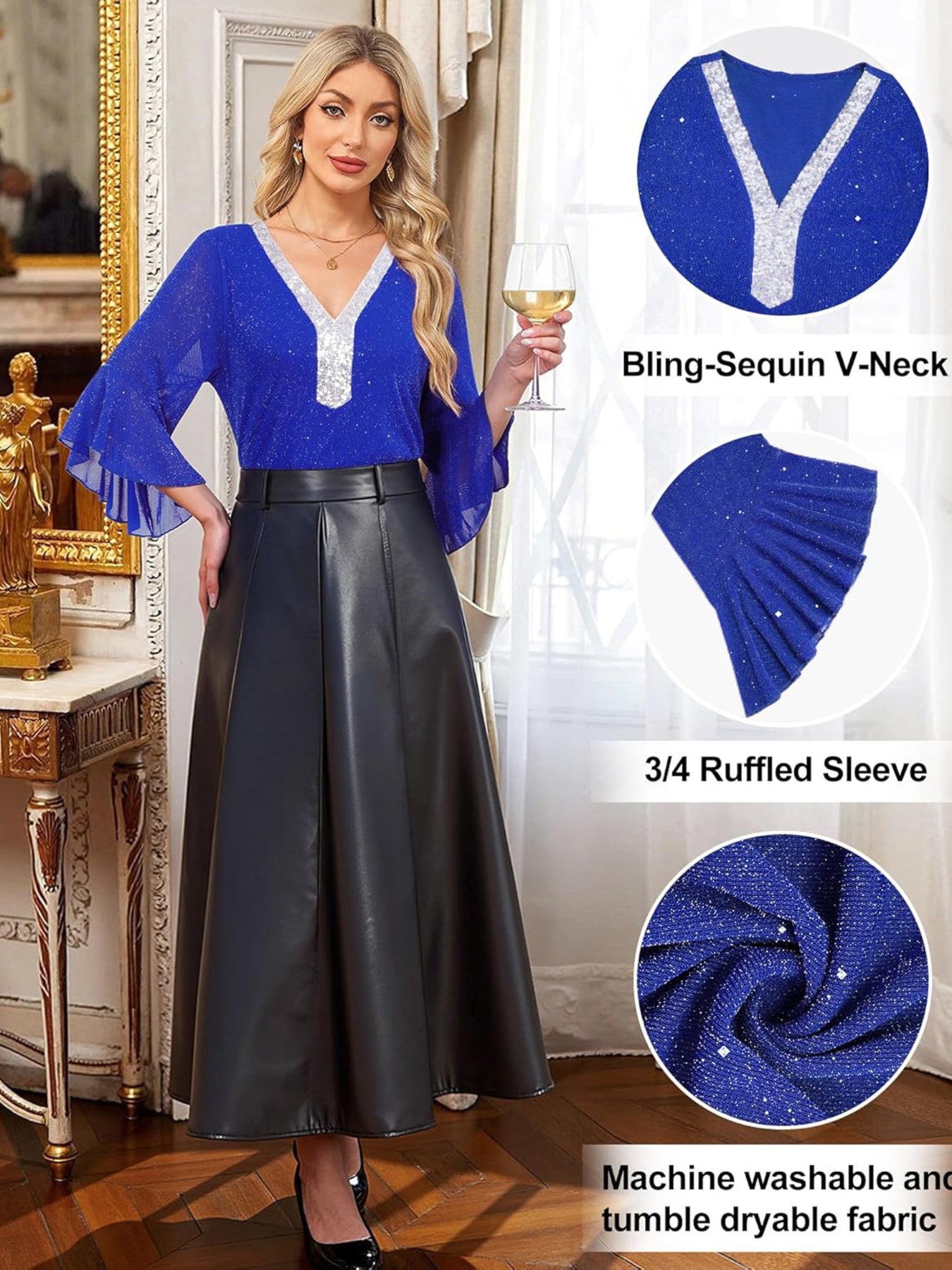 Sequin V-Neck Flounce Sleeve Blouse