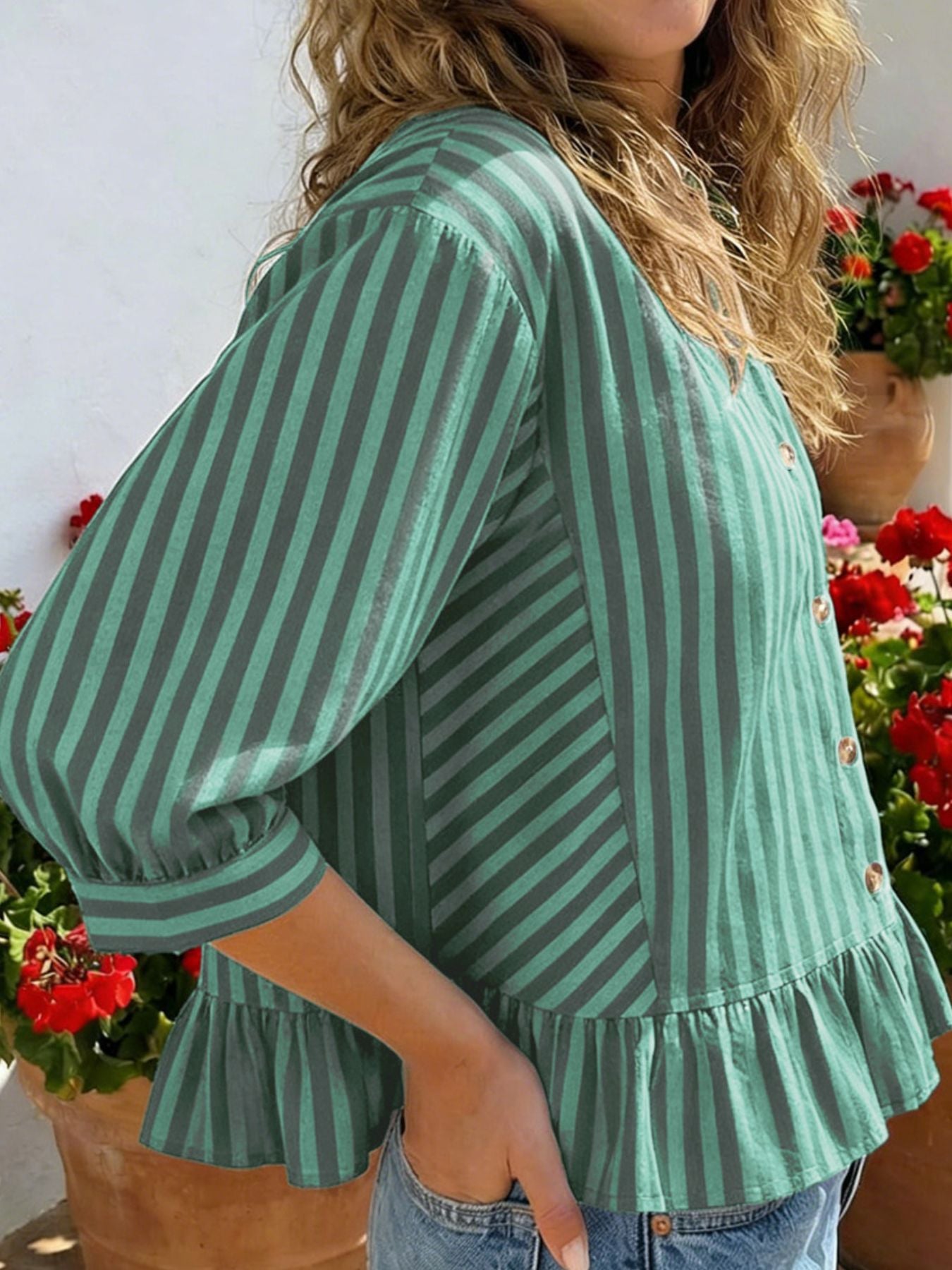 Striped Ruffle Hem Button-Down Shirt