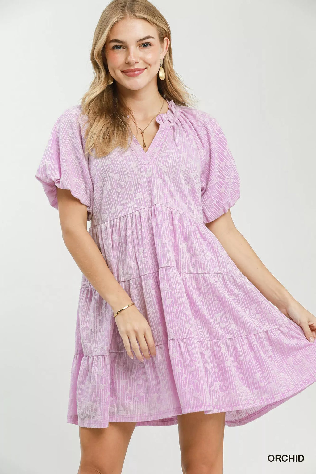 Umgee Jacquard Puff Sleeve Mini Dress