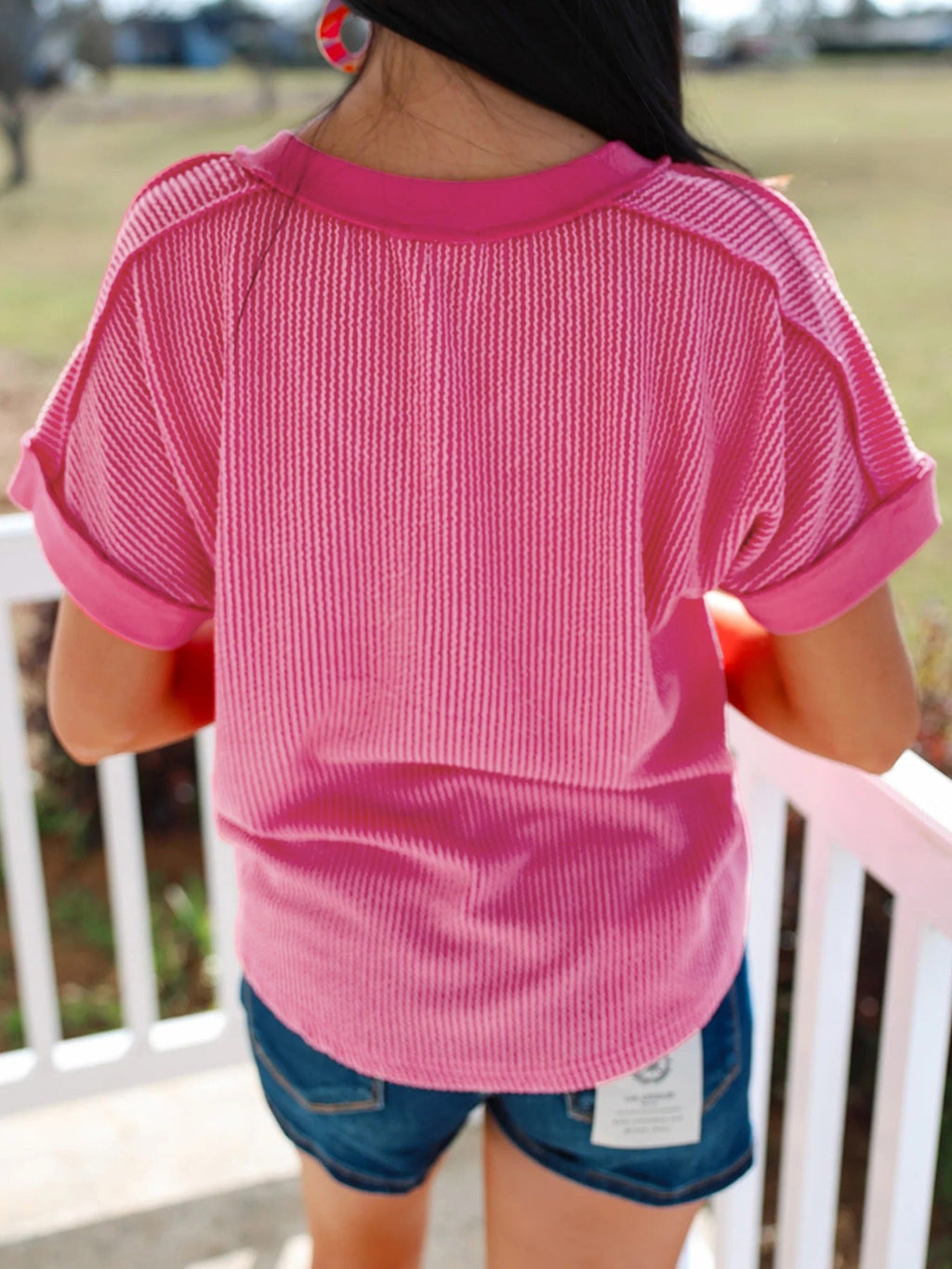 Twisted Rib Sequin Patriotic Balloon Dog V Neck Tee