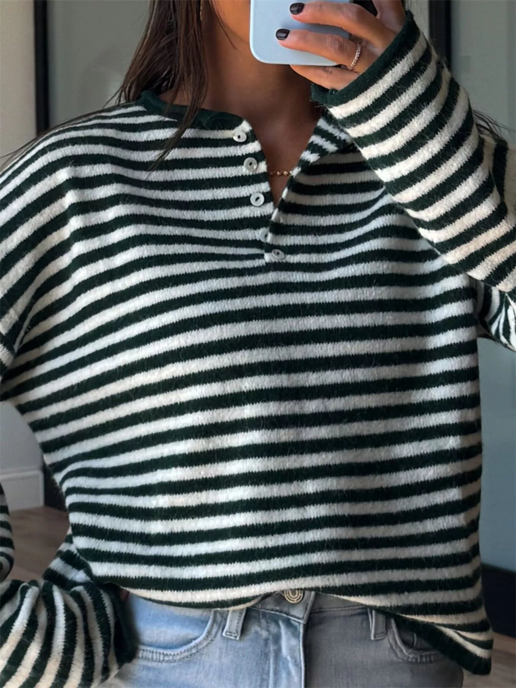 Button Detail Dropped Shoulder Striped Sweater