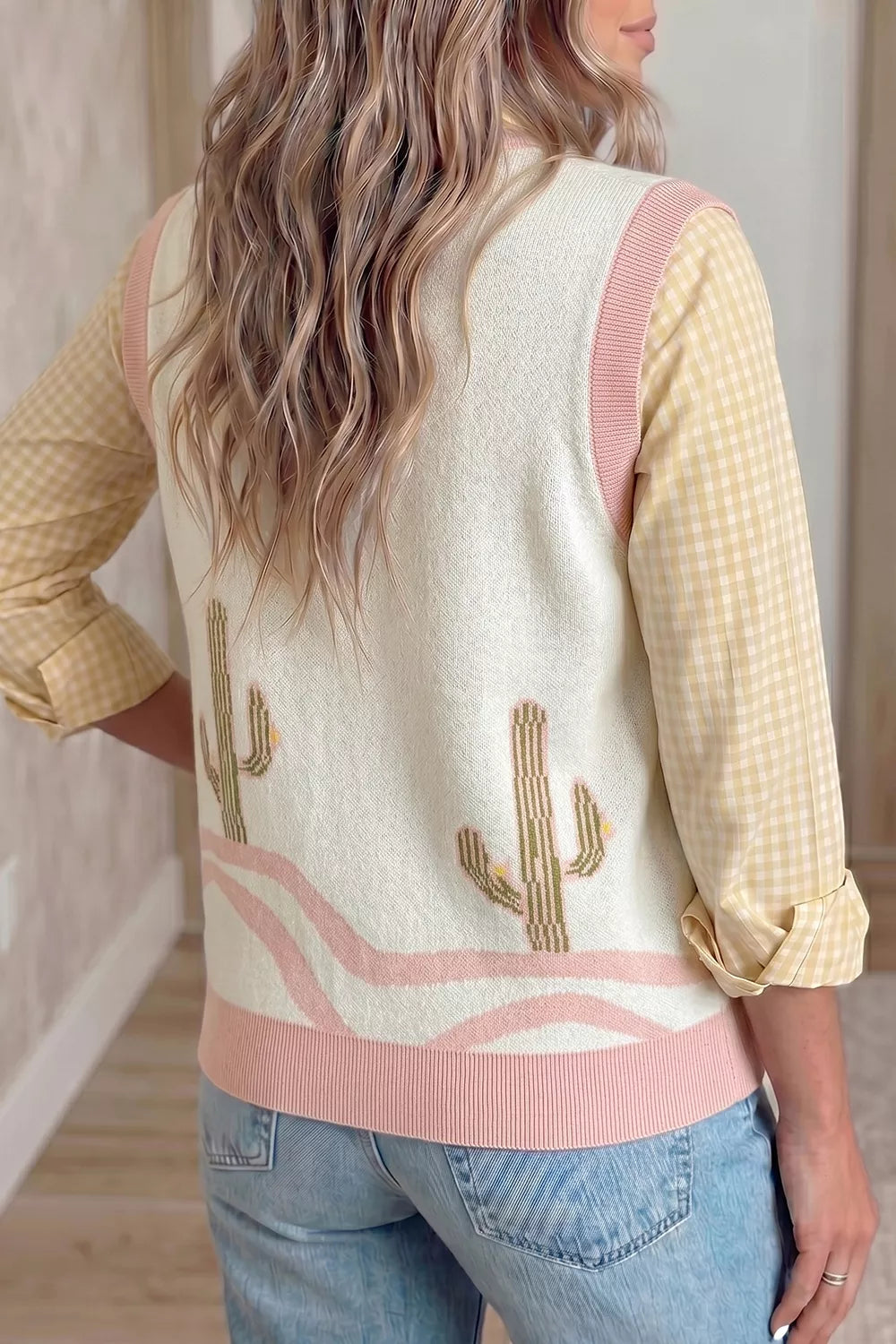 Color Block Trim Button Front Cactus Pattern Western Sweater Vest
