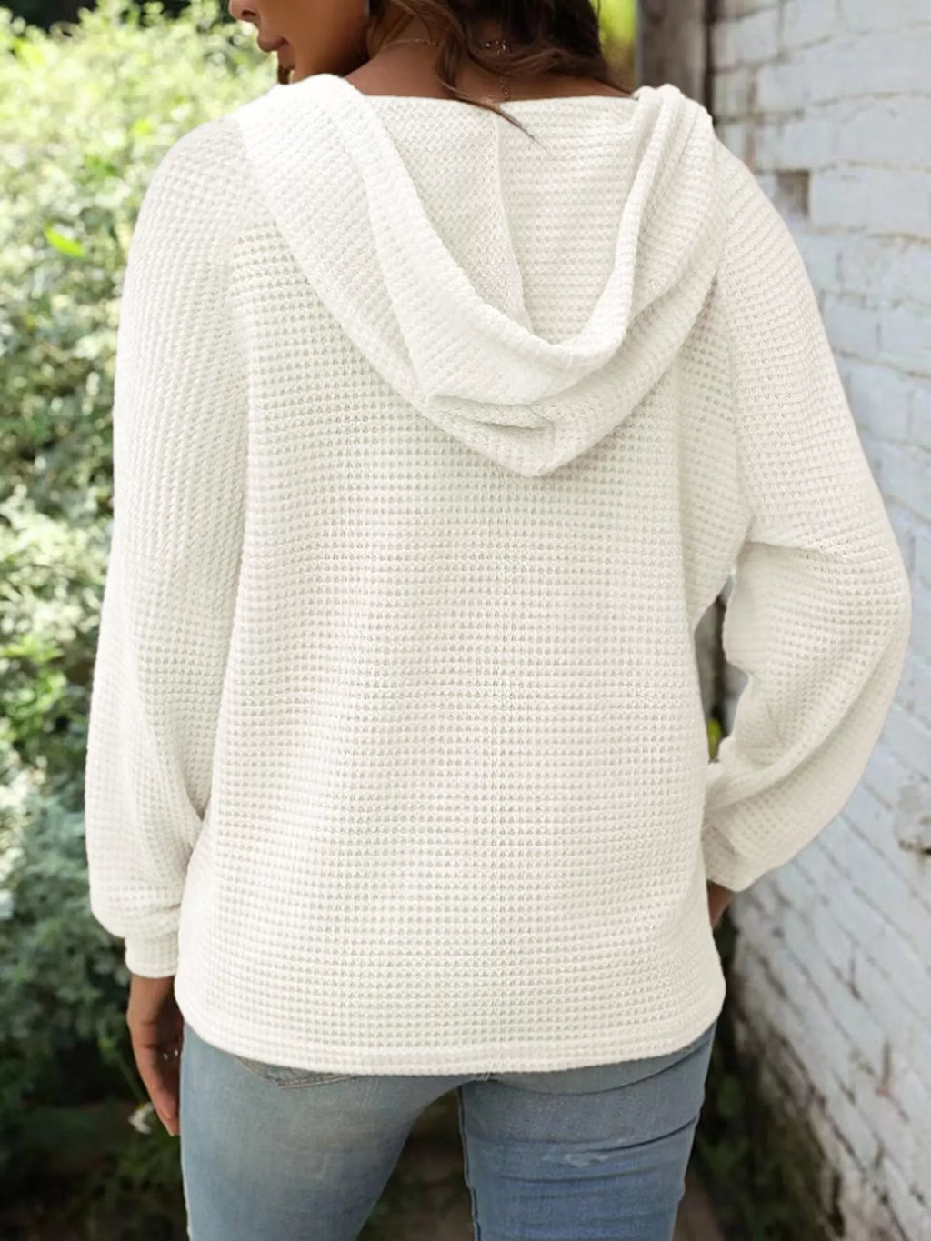 Full Size Button Detail Waffle Knit Hoodie Plus Size