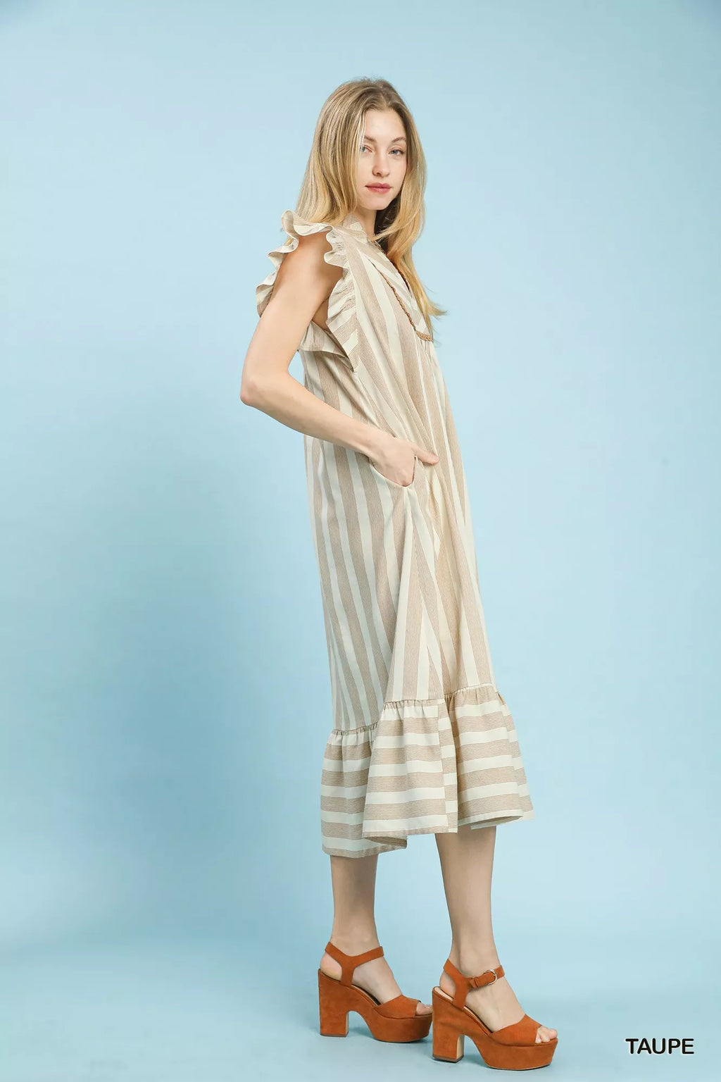 Umgee Stripe Ruffle Sleeve Tiered Midi Dress