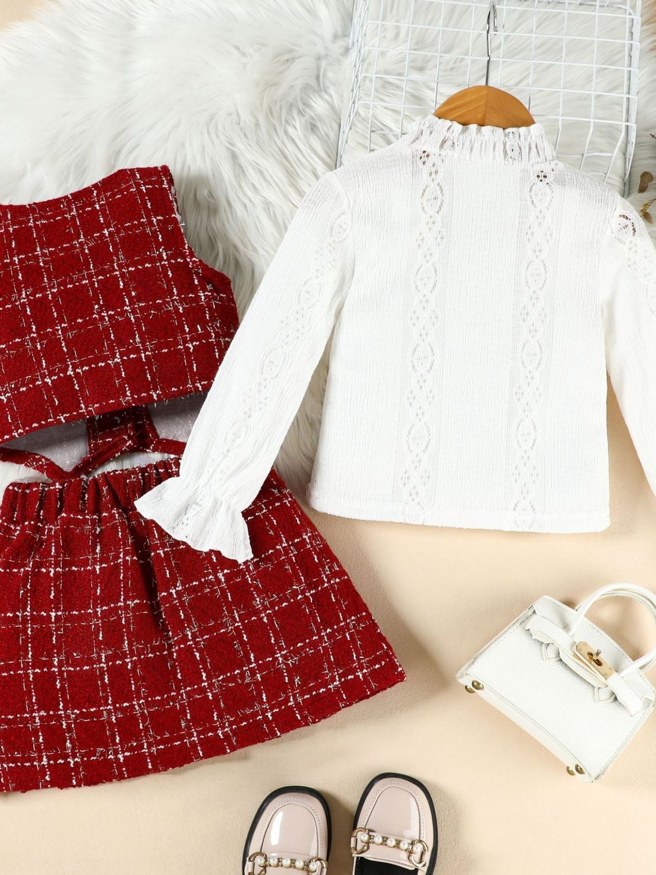 Children's Long Sleeve Top & Plaid Vest & Pleated Skirt Set