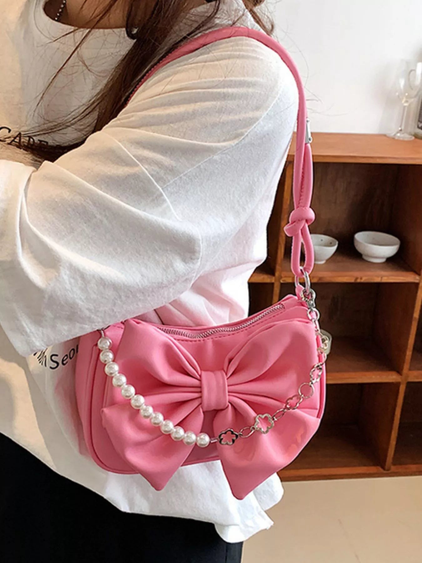Bowknot Pearl Chain Shoulder Bag