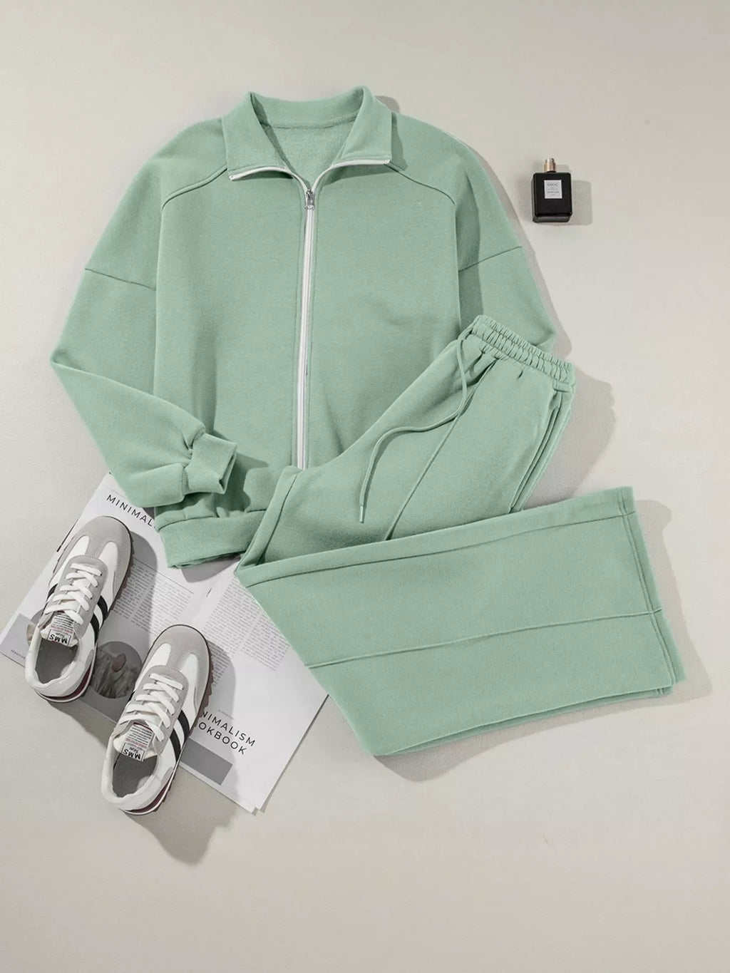 Drop Shoulder Zip Up Jacket and Drawstring Pants Active 2pcs Set