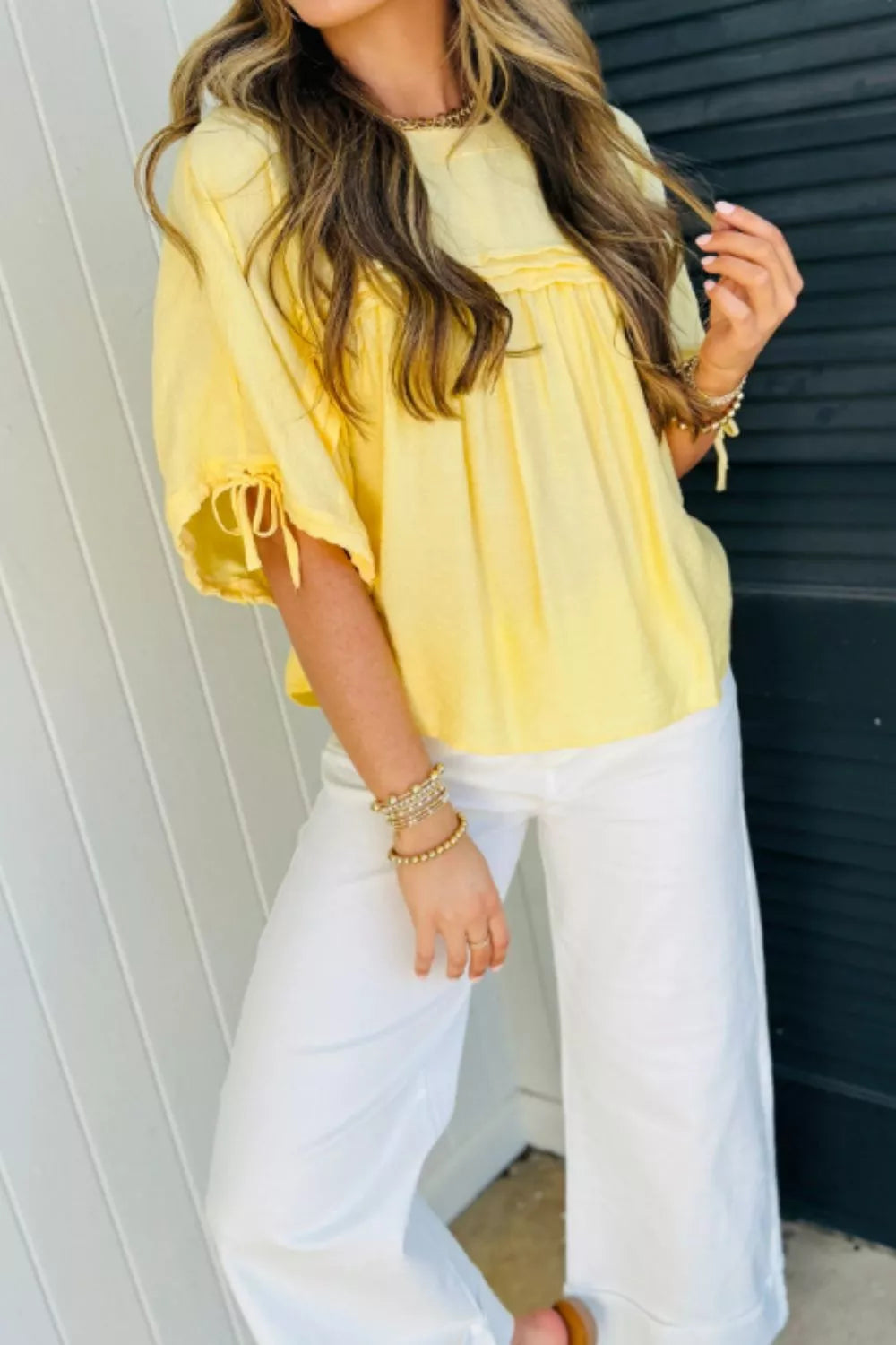 Tie Half Sleeve Pleated Detail Babydoll Blouse