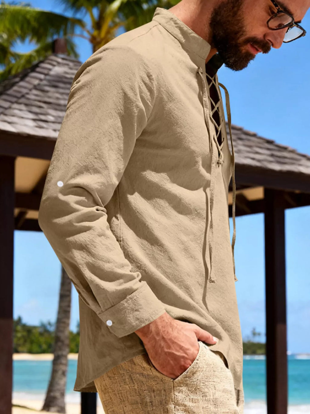 Men's Full Size Casual Lace-Up Linen Shirt Plus Size