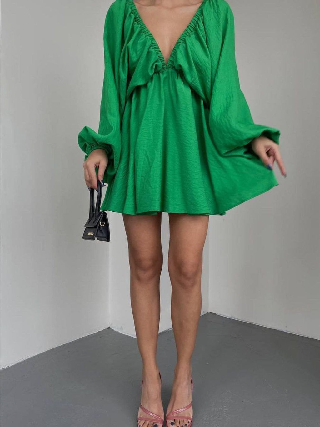 Deep V-Neck Balloon Sleeve Dress