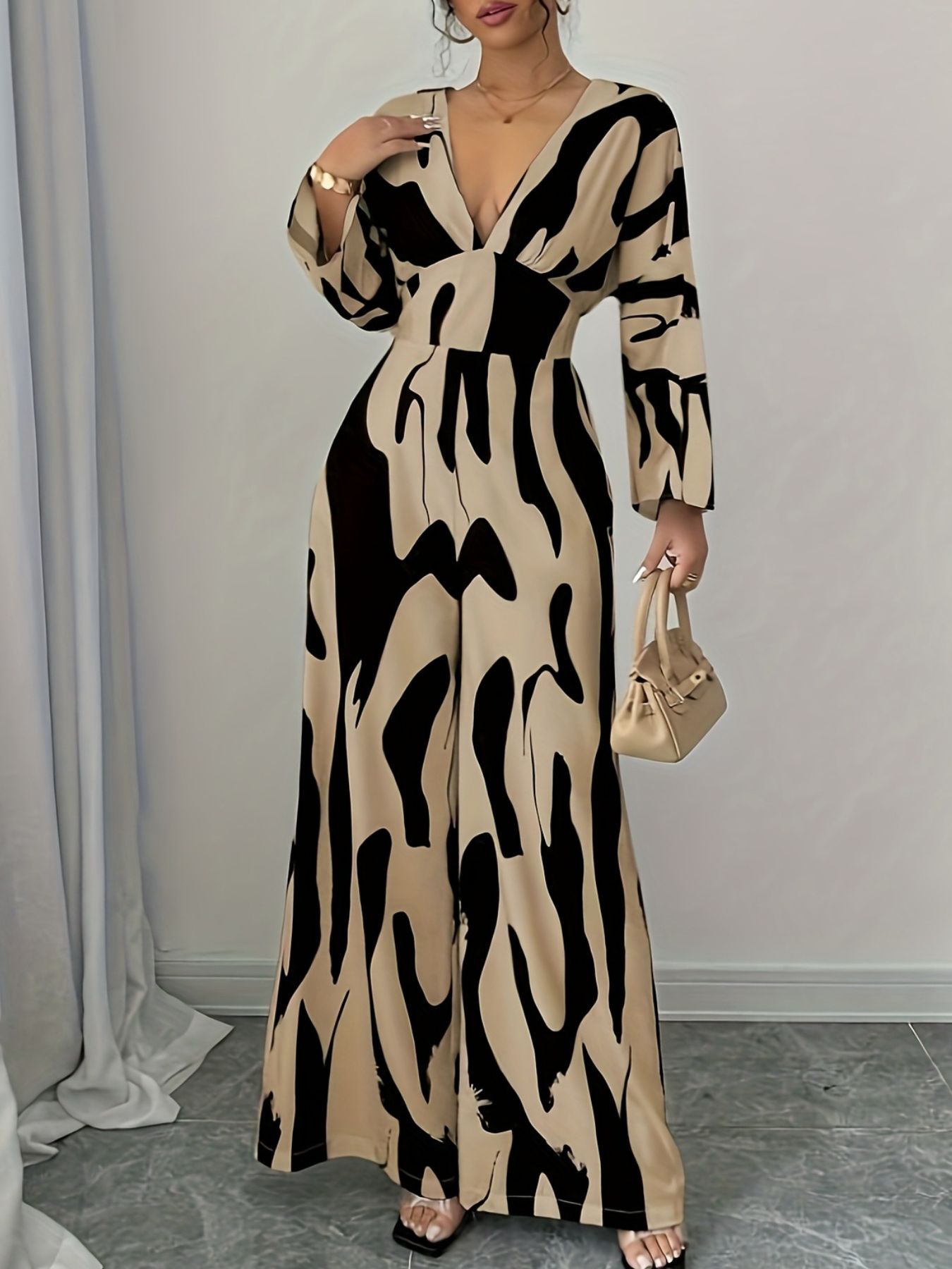 Abstract Print V-Neck Wide Leg Jumpsuit
