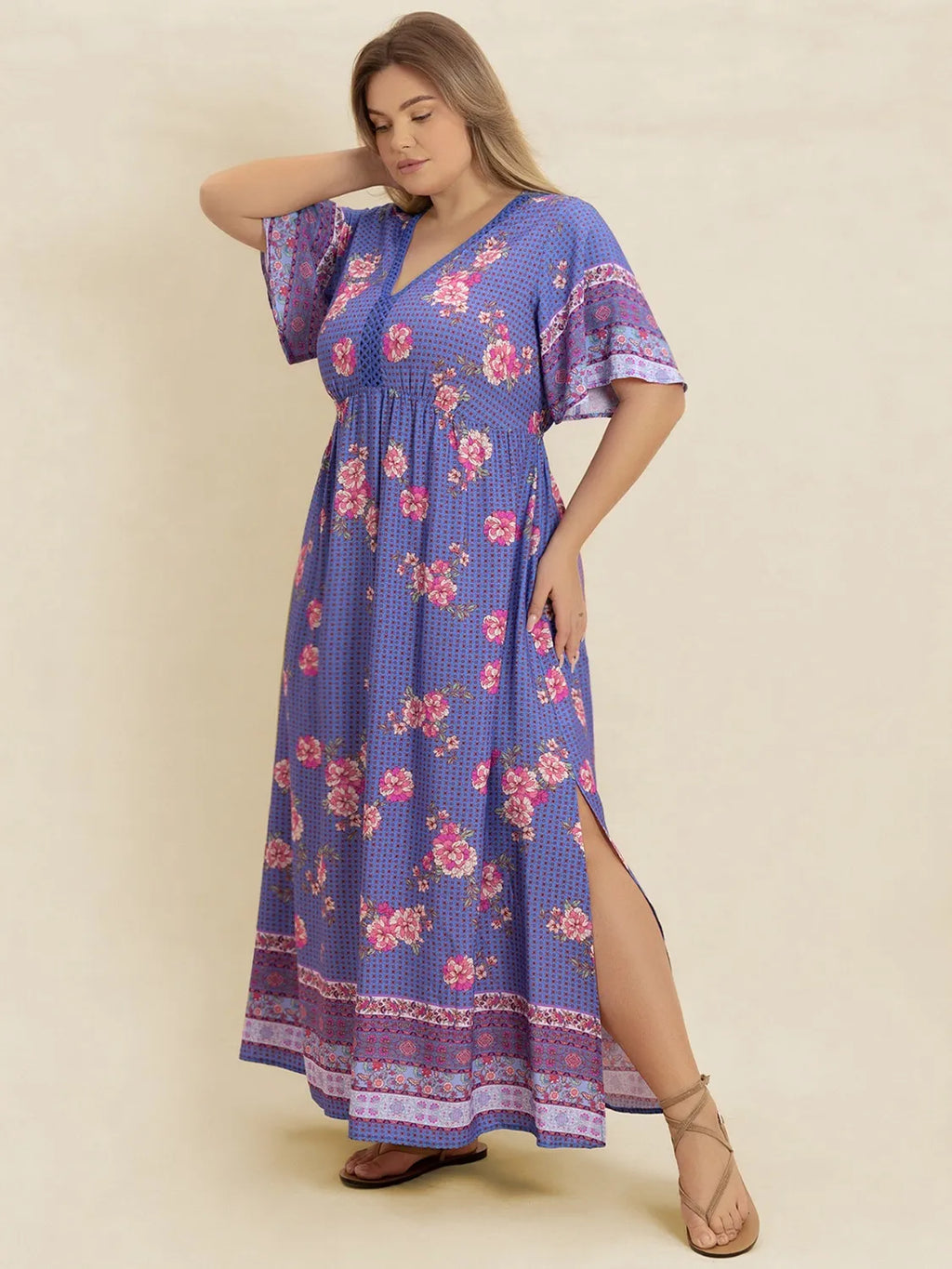 Plus Size Printed V-Neck Flutter Sleeve Dress