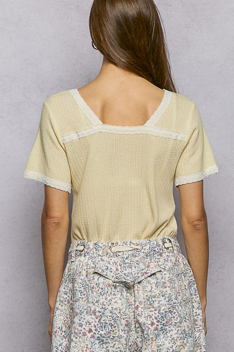 POL Lace Detail V-Neck Short Sleeve Textured T-Shirt