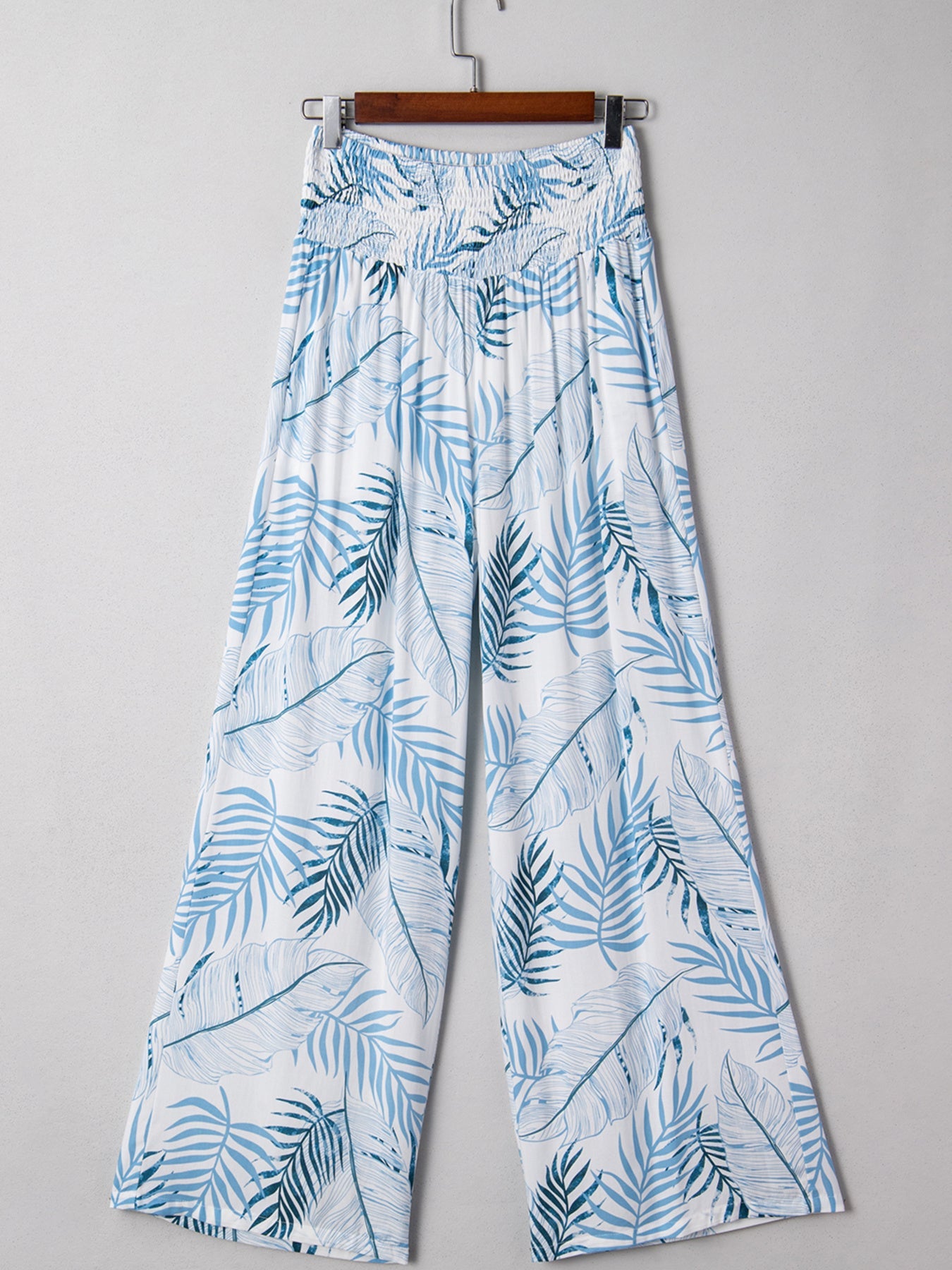 Tropical Print Shirred Waistband Wide Leg Pants