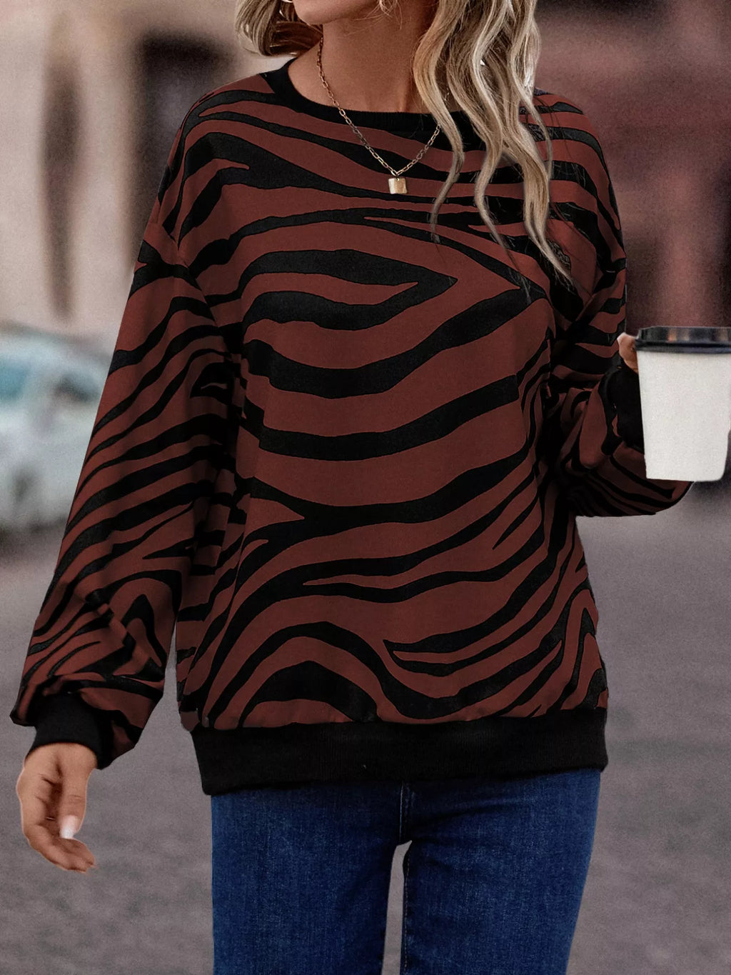 Zebra Print Round Neck Casual Sweatshirt