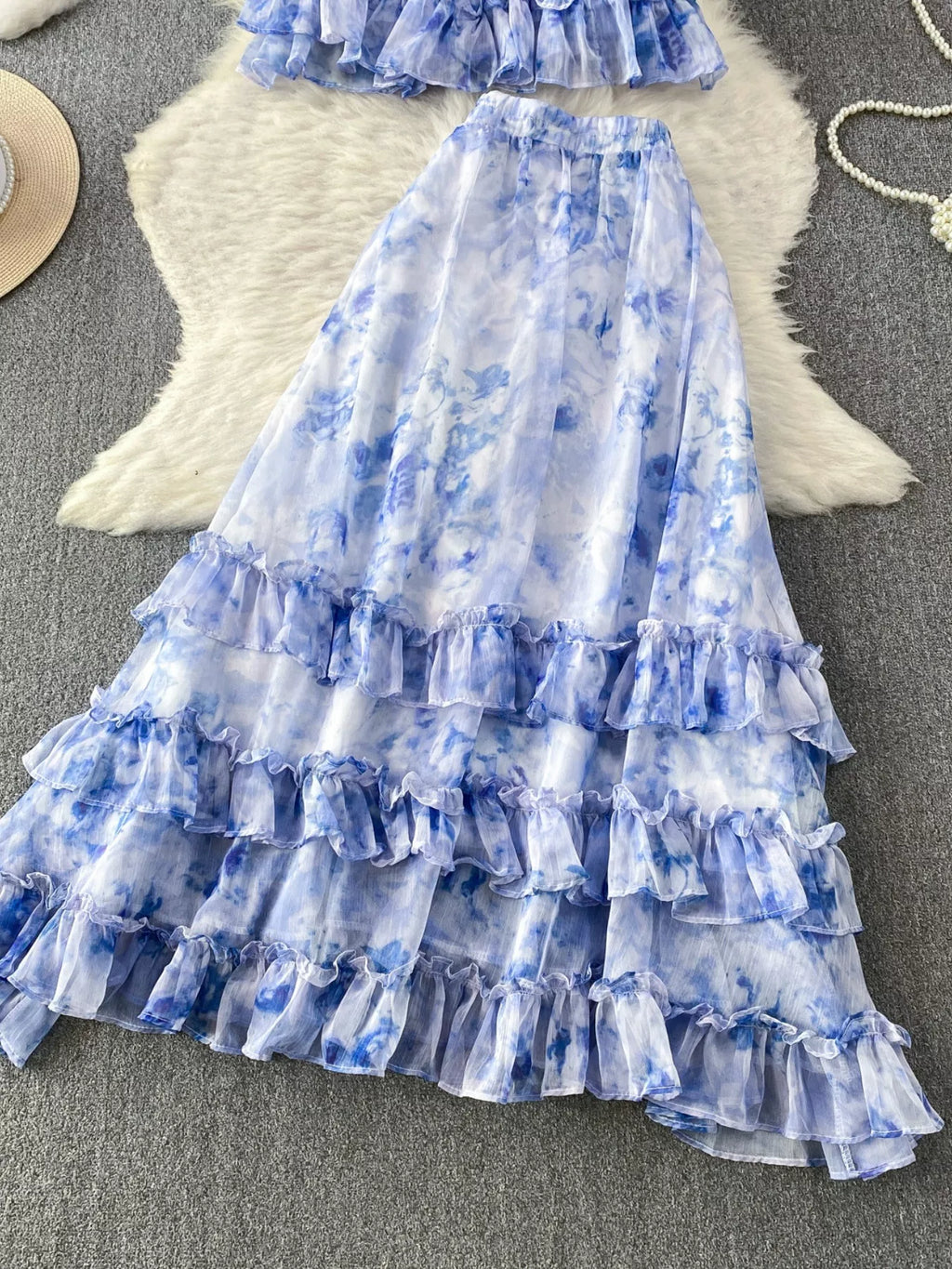 Floral Print Ruffle Hem Blouse and Skirt Set