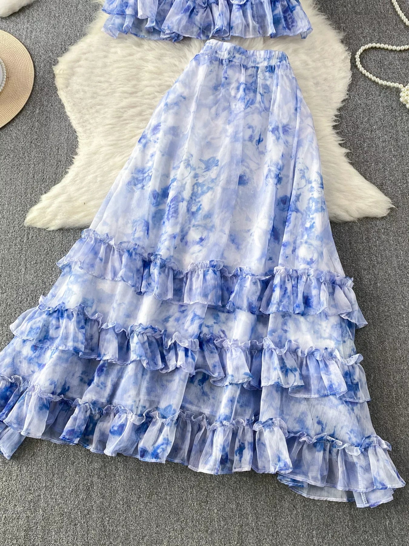 Floral Print Ruffle Hem Blouse and Skirt Set