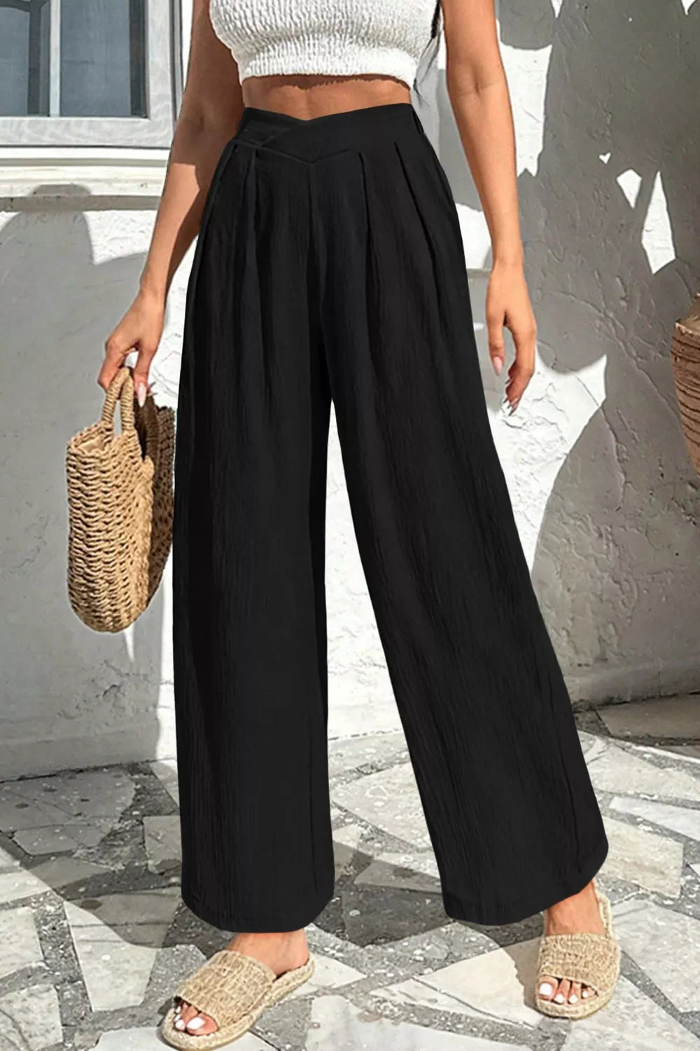 Solid Color Textured Crossed Waist Loose Pants