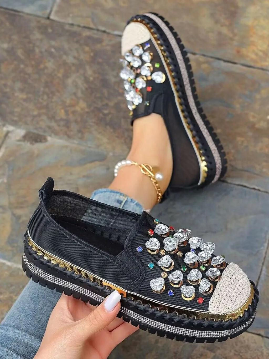Rhinestone Decor Platform Loafers