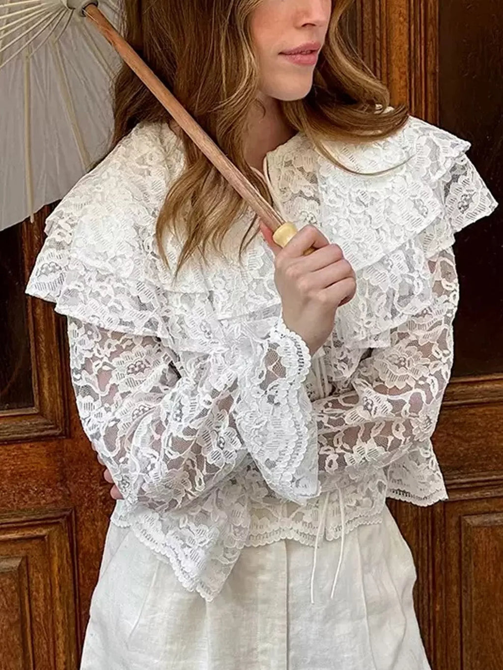 Ruffled Lace Flounce Sleeve Blouse