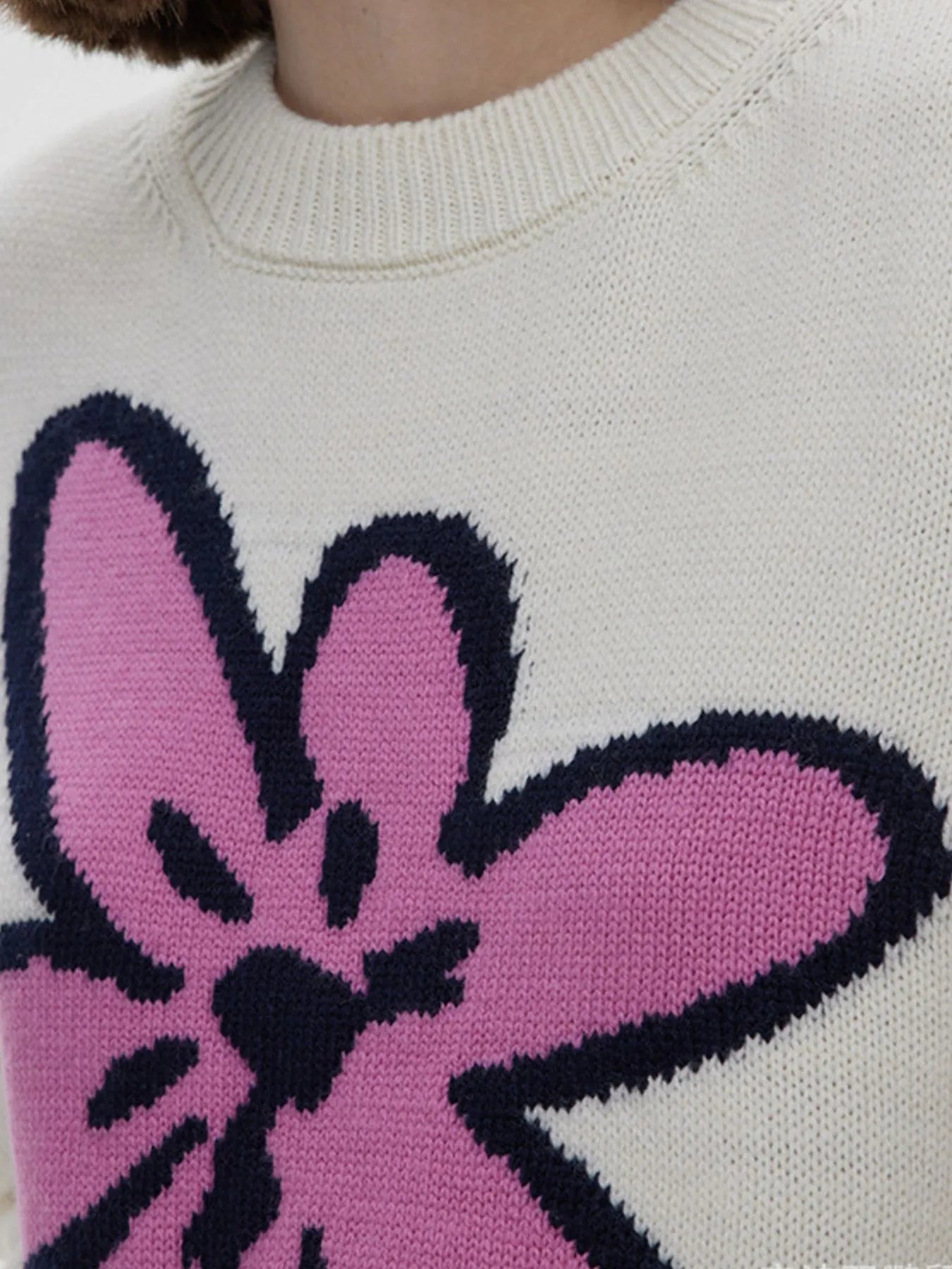 Flower Ribbed Hem Round Neck Sweater