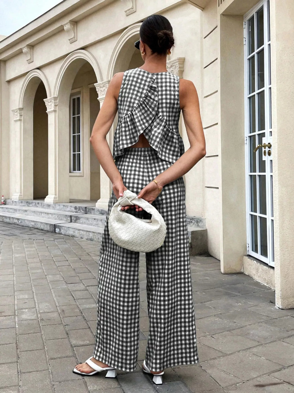 Gingham Sleeveless Top and Wide Leg Pants Set