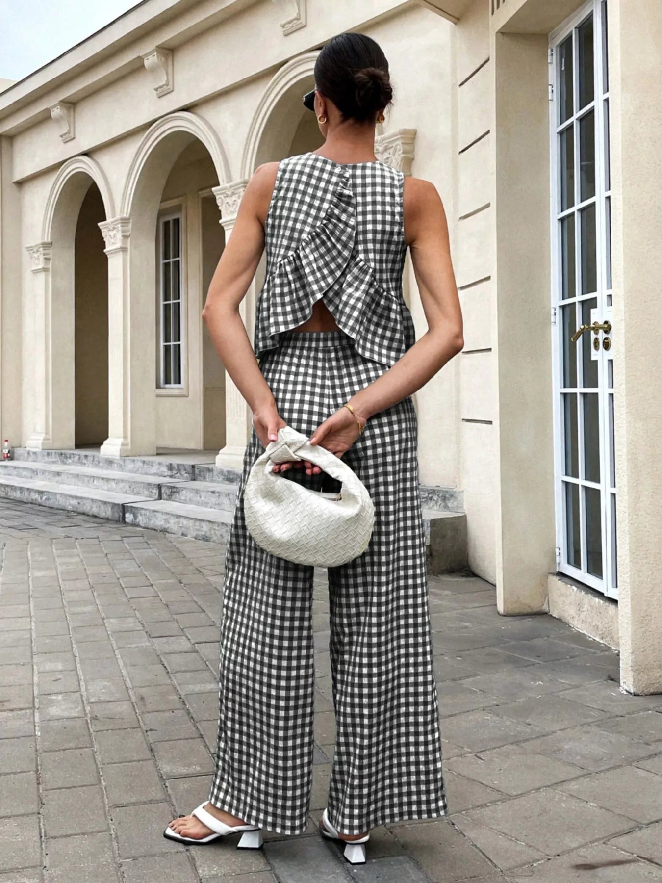 Gingham Sleeveless Top and Wide Leg Pants Set