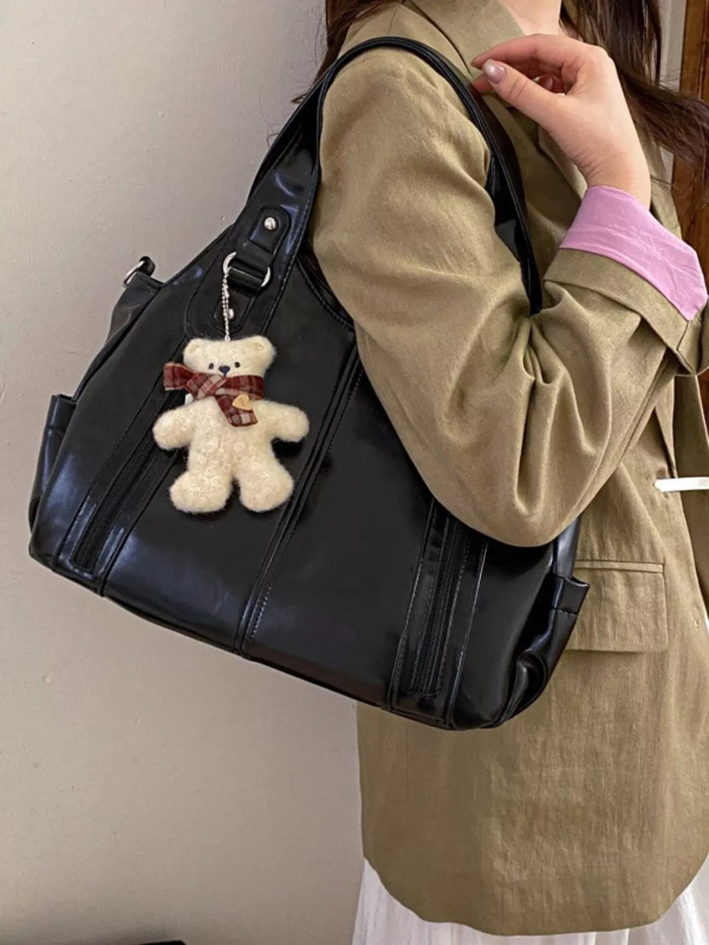 Leather Shoulder Bag with Bear Charm