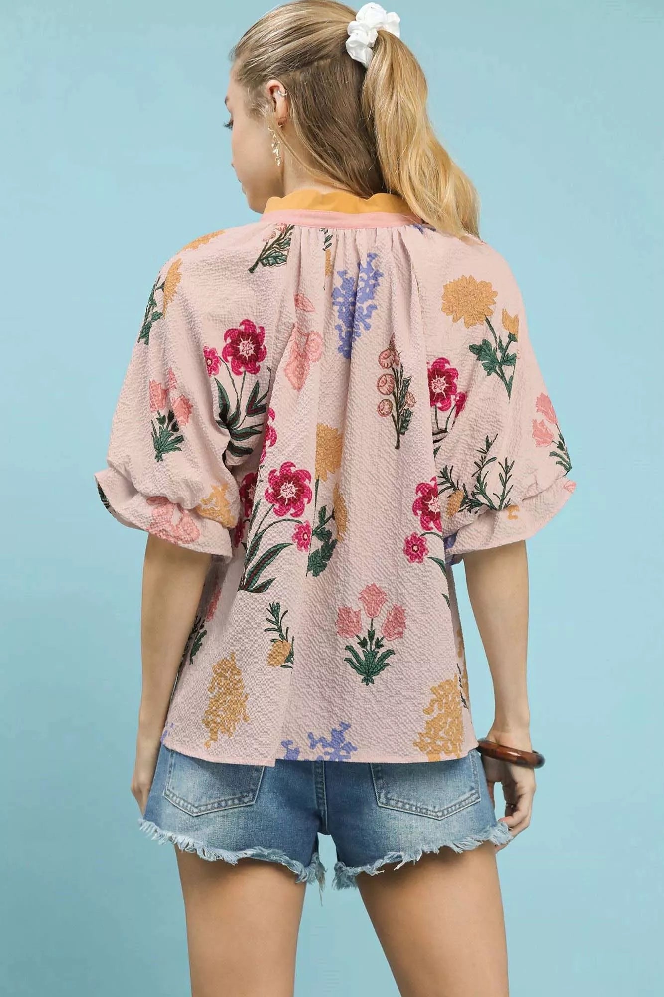 Umgee Floral Puff Sleeve Blouse with Scallop Trim Collar