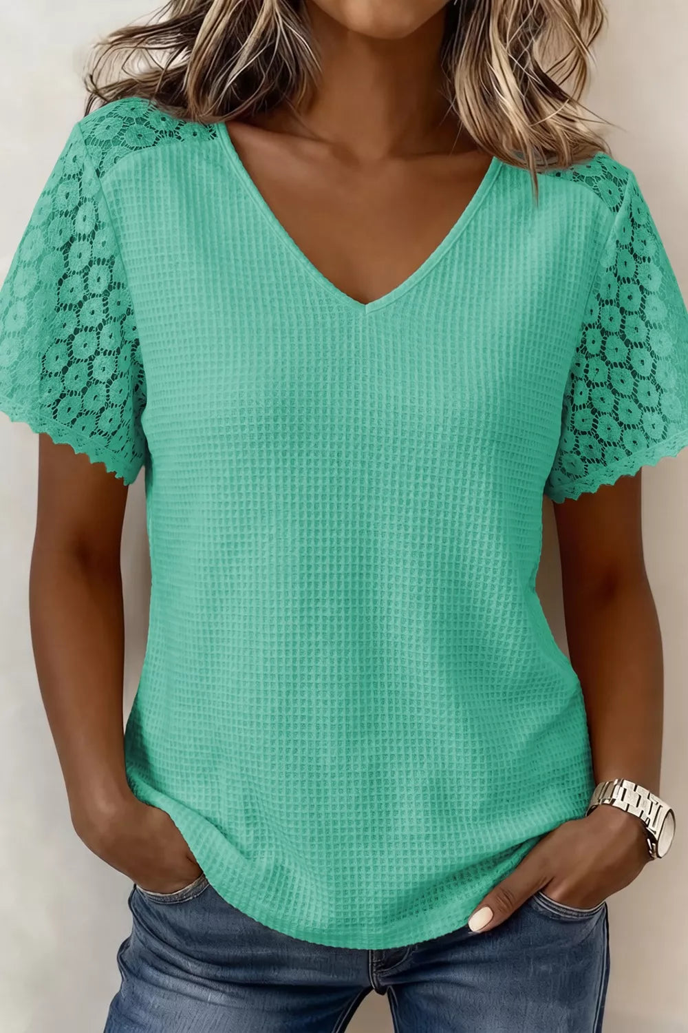 Lace Splicing Button Cutout V Neck Waffle Knit Blouse