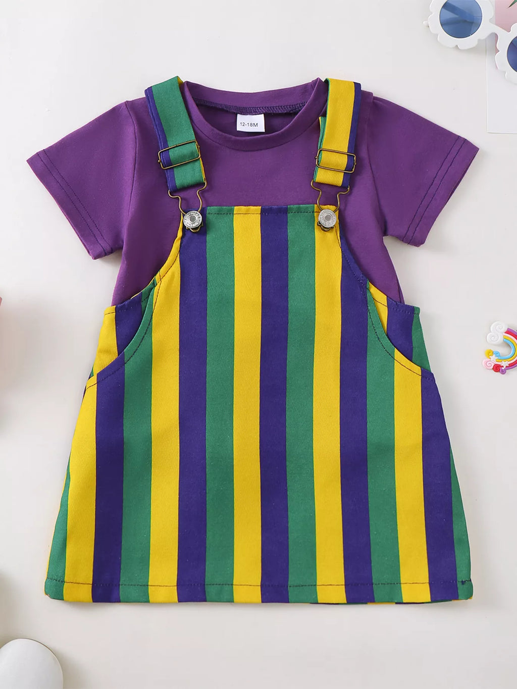 Children's Striped Overall Dress & Solid Tee Set