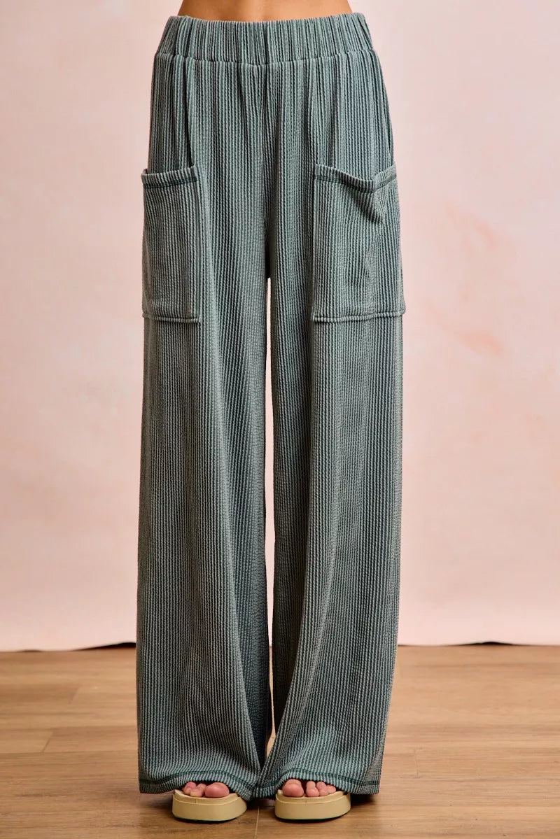 BiBi Two Tone Cord Rib Contrast Stitching V-Neck Top and Pants Set