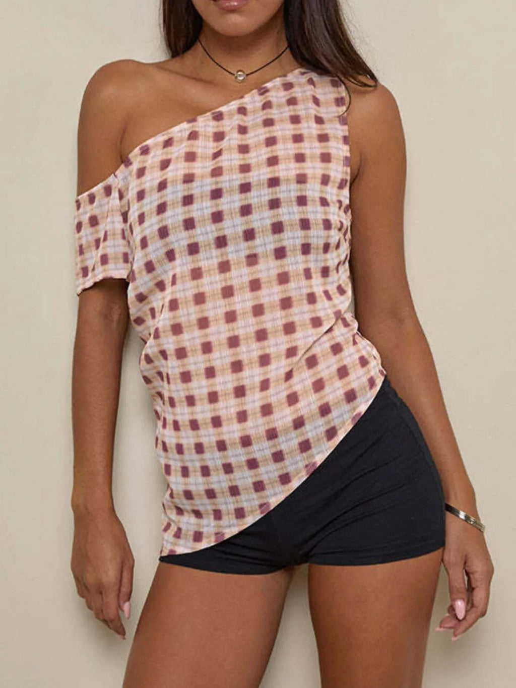 One-Shoulder Plaid Tank Top